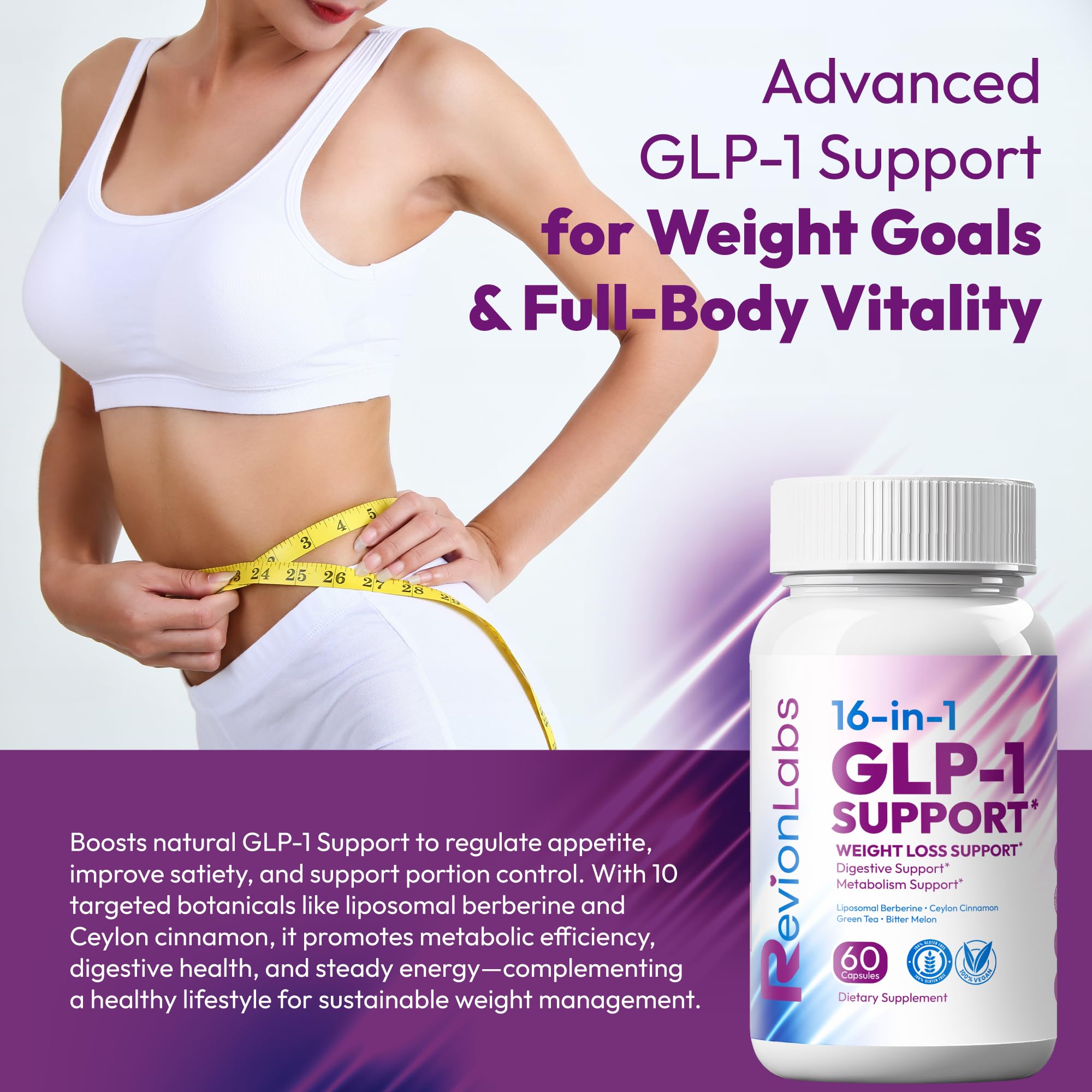 Revion LABS GLP-1 Support Weight Loss Supplement - Natural Appetite Suppressant for Women Men - Berberine Support Activate Hunger Control Curb Cravings Boost Metabolism Fat Burn & Gut Health - TrustMedUSA