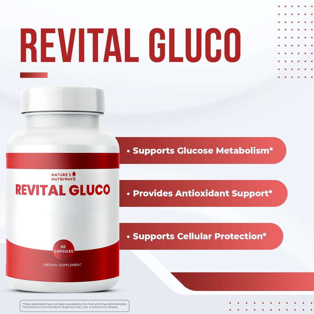 Revital Gluco – Daily Supplement with Vitamin C, Vitamin E, Magnesium, Biotin, Zinc & 10+ Botanical Ingredients – Made in USA, Non-GMO, Stimulant-Free Formula – 60 Caps (30 Servings), 1 Month Supply - TrustMedUSA