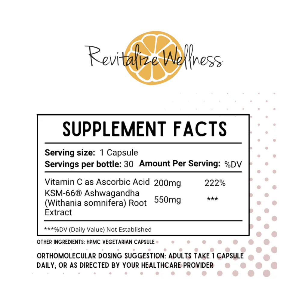 Revitalize Wellness Ashwagandha + Vitamin C Capsules | Stress and Immune Support Complex | with 550 mg Ashwagandha and 200 mg Vitamin C per Serving | 30 Servings - TrustMedUSA