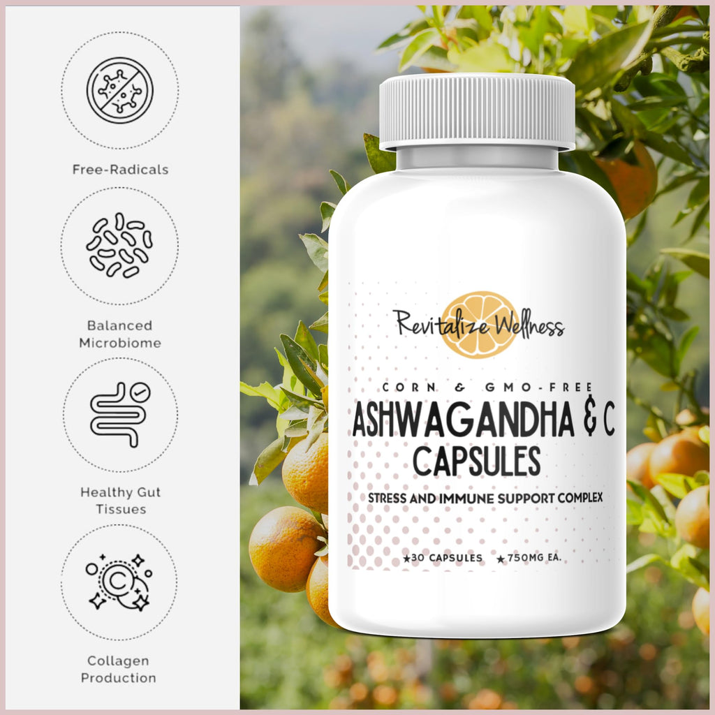 Revitalize Wellness Ashwagandha + Vitamin C Capsules | Stress and Immune Support Complex | with 550 mg Ashwagandha and 200 mg Vitamin C per Serving | 30 Servings - TrustMedUSA