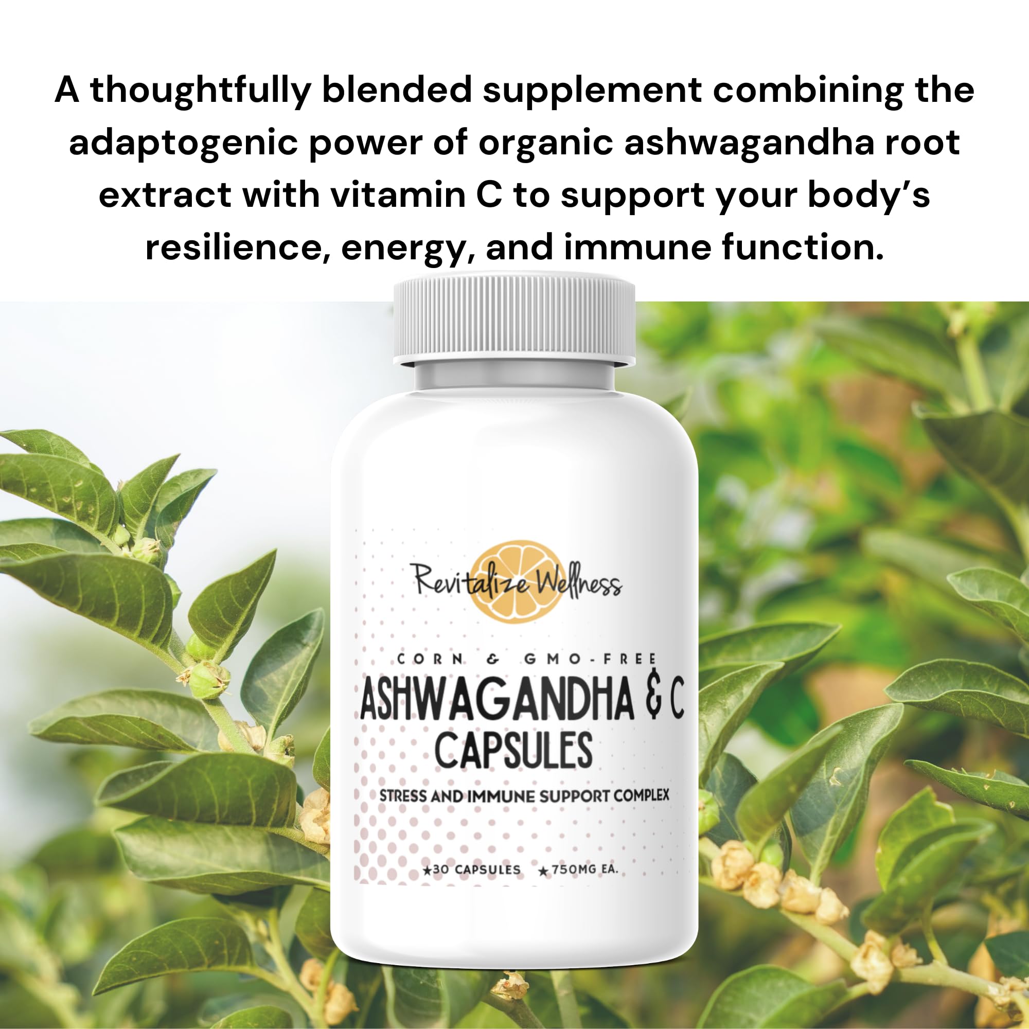 Revitalize Wellness Ashwagandha + Vitamin C Capsules | Stress and Immune Support Complex | with 550 mg Ashwagandha and 200 mg Vitamin C per Serving | 30 Servings - TrustMedUSA