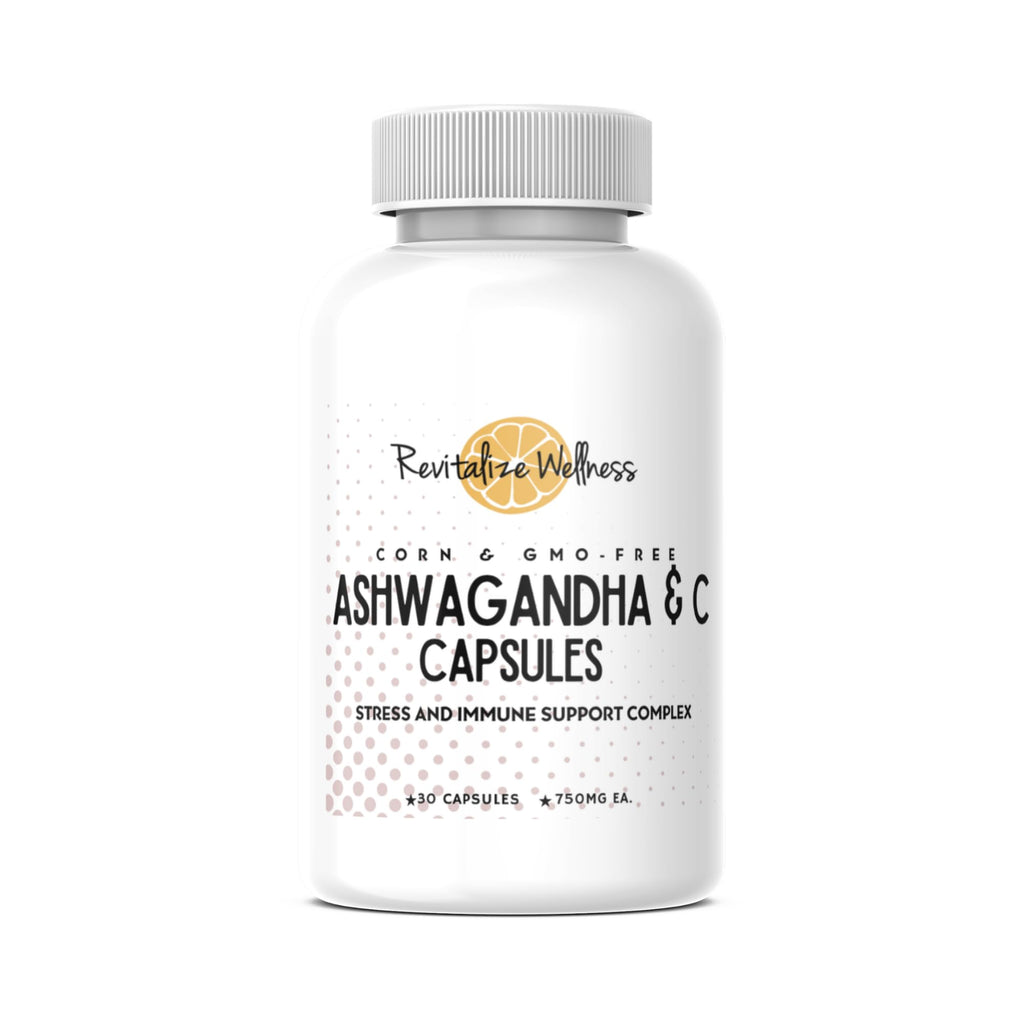 Revitalize Wellness Ashwagandha + Vitamin C Capsules | Stress and Immune Support Complex | with 550 mg Ashwagandha and 200 mg Vitamin C per Serving | 30 Servings - TrustMedUSA