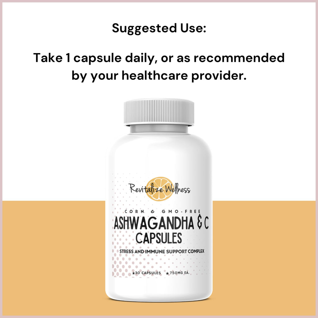 Revitalize Wellness Ashwagandha + Vitamin C Capsules | Stress and Immune Support Complex | with 550 mg Ashwagandha and 200 mg Vitamin C per Serving | 30 Servings - TrustMedUSA