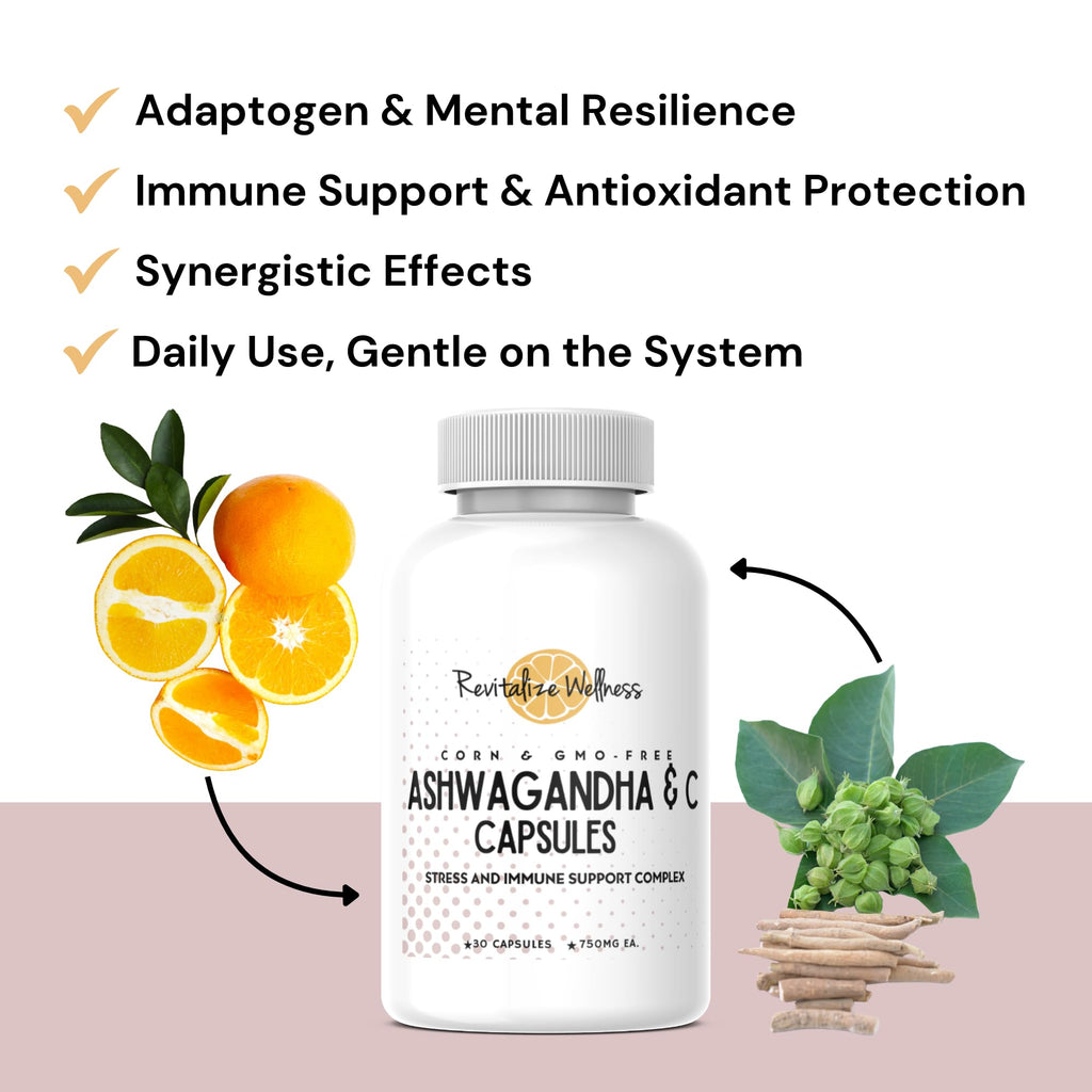 Revitalize Wellness Ashwagandha + Vitamin C Capsules | Stress and Immune Support Complex | with 550 mg Ashwagandha and 200 mg Vitamin C per Serving | 30 Servings - TrustMedUSA