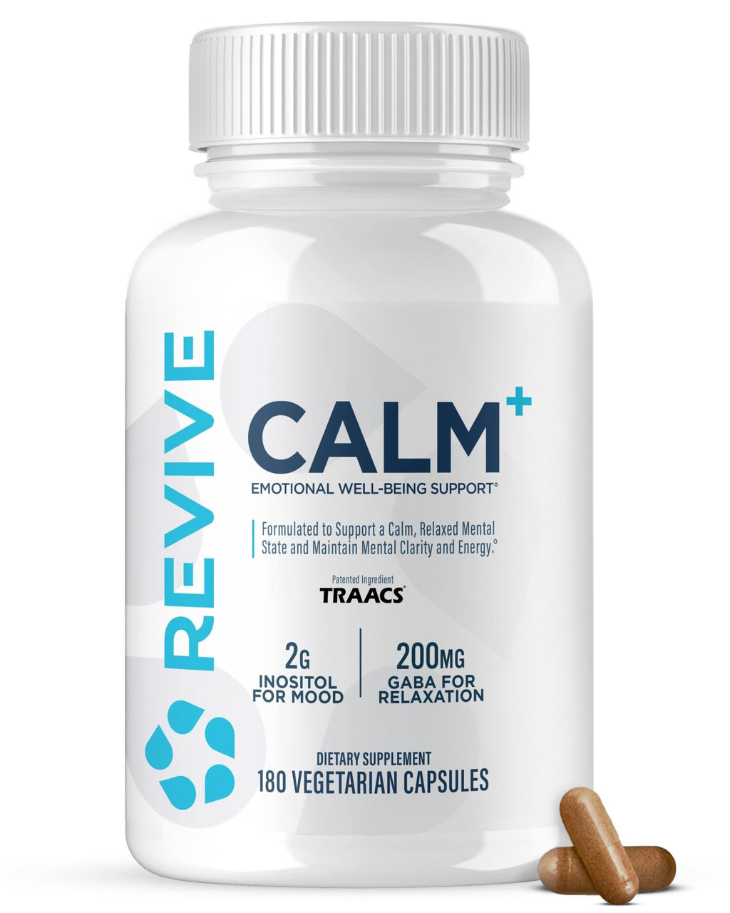 Revive MD Calm, Emotional Well-Being Support Supplement - Stress Management for Men & Women - Mood Enhancement Supplement Promotes Relaxation with L-Theanine, GABA & 5-HTP (180 Capsules, 30 Servings) - TrustMedUSA