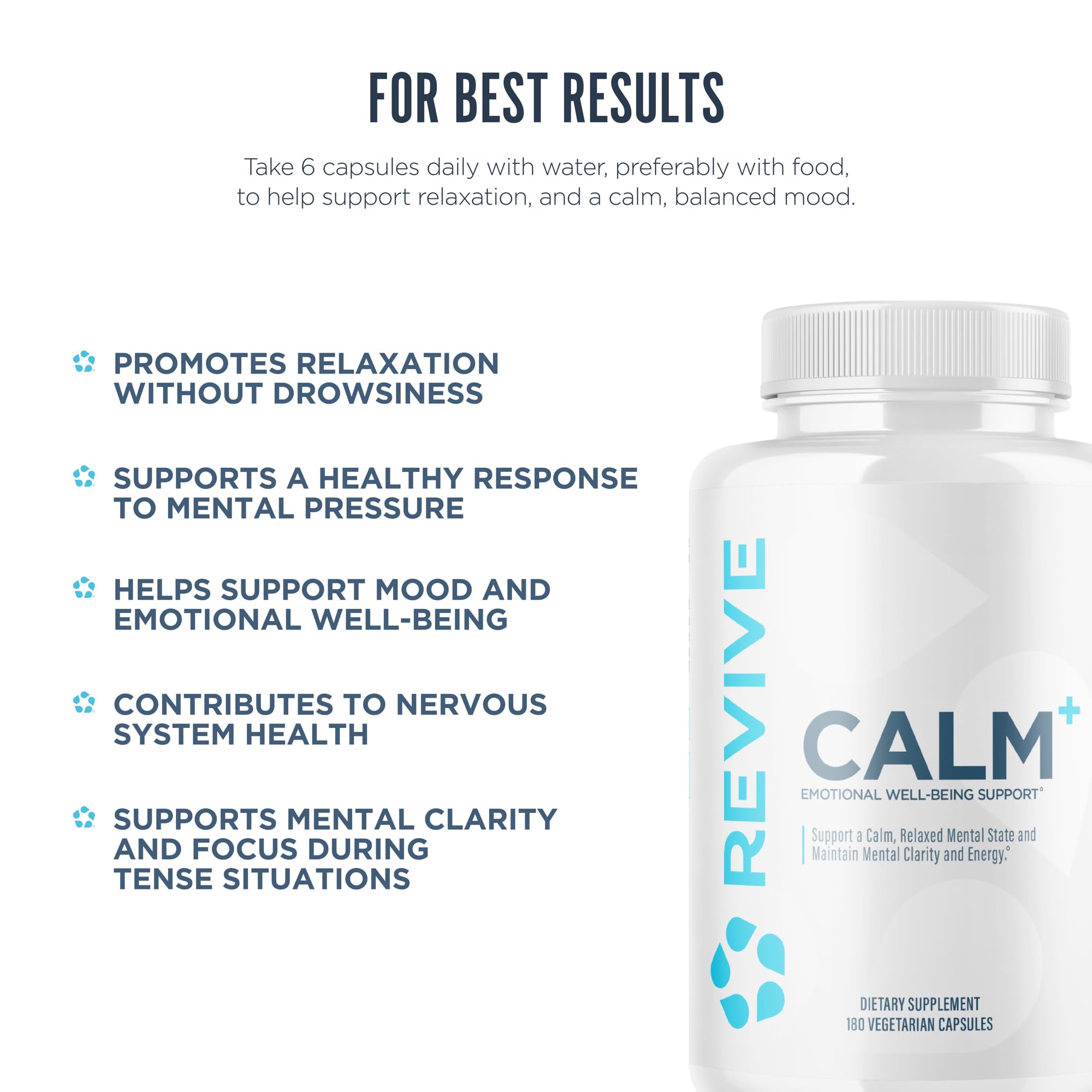 Revive MD Calm, Emotional Well-Being Support Supplement - Stress Management for Men & Women - Mood Enhancement Supplement Promotes Relaxation with L-Theanine, GABA & 5-HTP (180 Capsules, 30 Servings) - TrustMedUSA