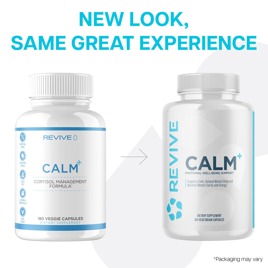 Revive MD Calm, Emotional Well-Being Support Supplement - Stress Management for Men & Women - Mood Enhancement Supplement Promotes Relaxation with L-Theanine, GABA & 5-HTP (180 Capsules, 30 Servings) - TrustMedUSA