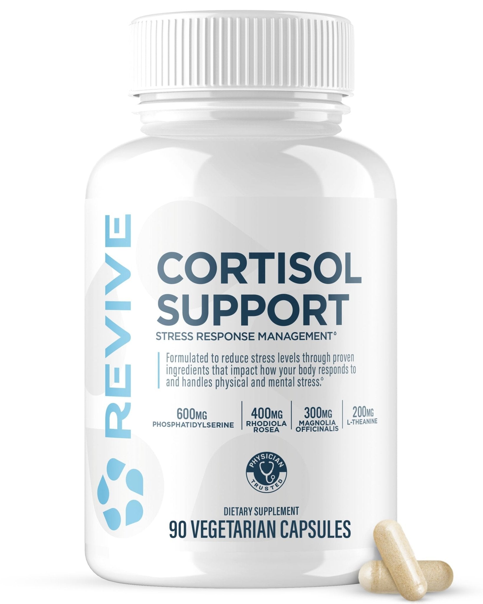 Revive MD Cortisol Manager, 90 Vegetarian Capsules - Cortisol Supplement w/Magnesium & L-Theanine Support Health, Focus, Energy, Fatigue, & Adrenal Gland Function - Vegan & Gluten-Free (30 Servings) - TrustMedUSA