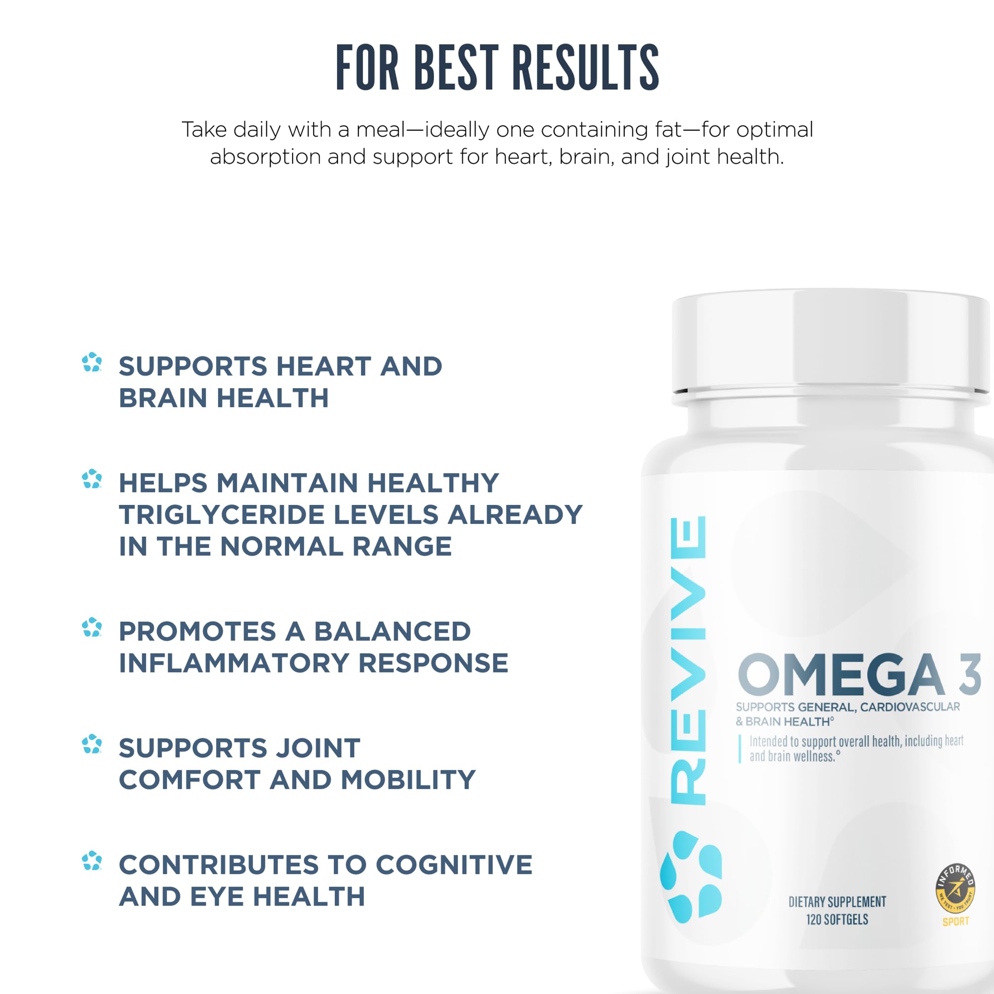 Revive MD Omega 3 Fish Oil Supplements for Men & Women – Softgels with EPA & DHA Fatty Acids for Healthy Skin & Joints, Heart & Brain Support – Vegan-Friendly, Gluten-Free (120 Softgels) - TrustMedUSA