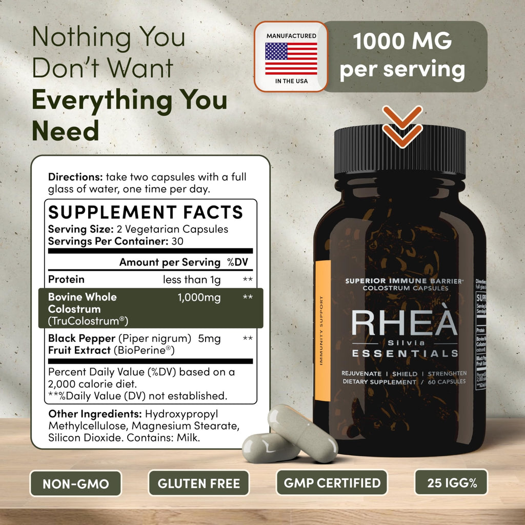 Rhea Bovine Colostrum Supplement for Women, Colostrum Capsules for Gut Health, Digestion, Bloating, Beauty, Immune Support, Bovine Colostrum for Humans, Colostrum Pills (60caps) - TrustMedUSA