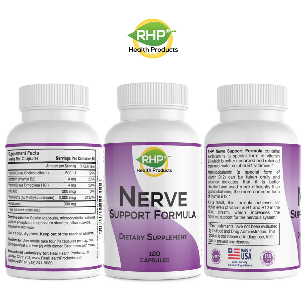 RHP Nerve Support Formula. Nutritional Support of Neuropathy, Nerve Relief from Aches, Nerve Pain & Discomfort. B-Complex with Benfotiamine and Methyl B12. 120 Capsules - TrustMedUSA