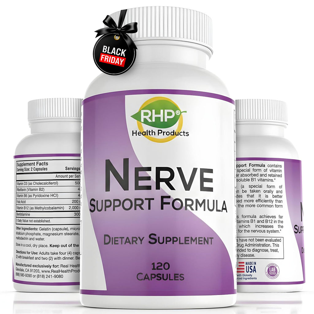 RHP Nerve Support Formula. Nutritional Support of Neuropathy, Nerve Relief from Aches, Nerve Pain & Discomfort. B-Complex with Benfotiamine and Methyl B12. 120 Capsules - TrustMedUSA