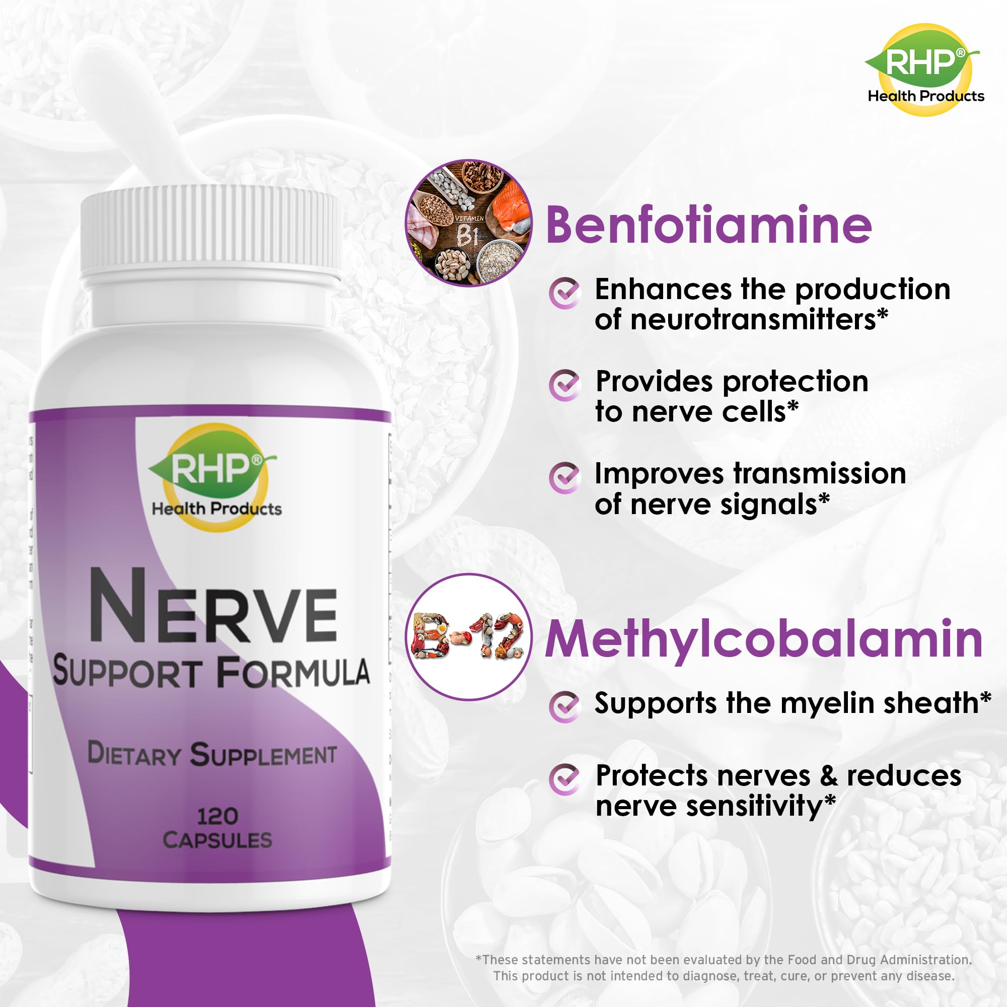 RHP Nerve Support Formula. Nutritional Support of Neuropathy, Nerve Relief from Aches, Nerve Pain & Discomfort. B-Complex with Benfotiamine and Methyl B12. 120 Capsules - TrustMedUSA