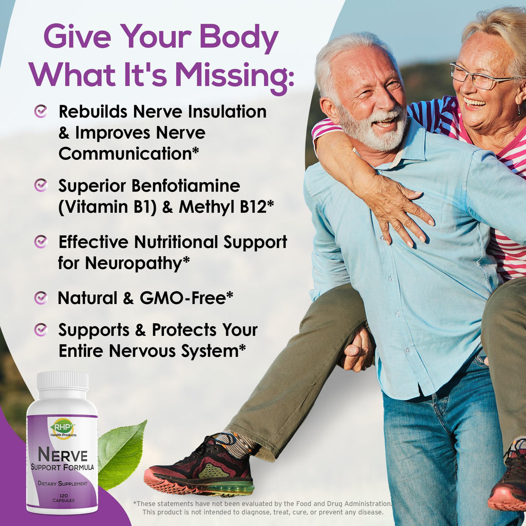 RHP Nerve Support Formula. Nutritional Support of Neuropathy, Nerve Relief from Aches, Nerve Pain & Discomfort. B-Complex with Benfotiamine and Methyl B12. 120 Capsules - TrustMedUSA