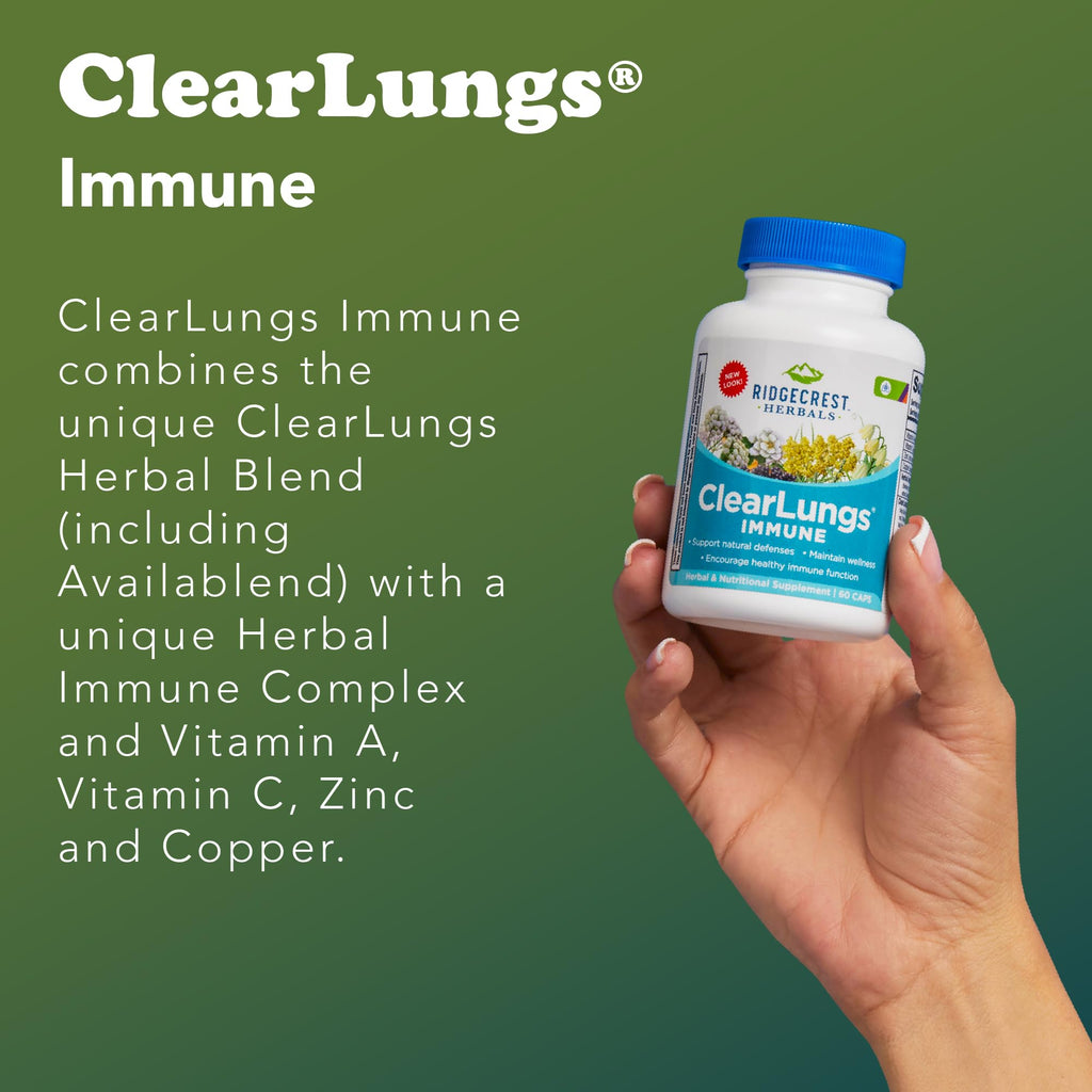 RidgeCrest Herbals ClearLungs Immune, Lung Support Supplement with Elderberry, Zinc, Vitamin C, Vitamin A, Olive Leaf, Mullein, Lung Wellness Formula for Respiratory Health (60 Vegan Caps, 30 Serv) - TrustMedUSA
