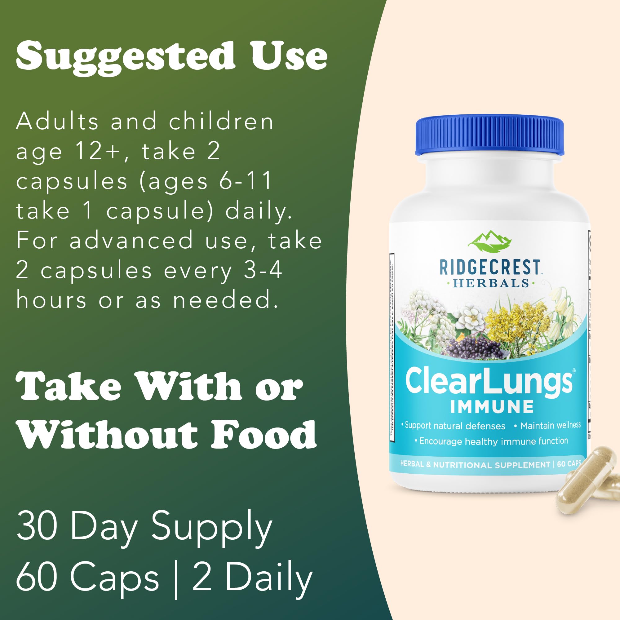 RidgeCrest Herbals ClearLungs Immune, Lung Support Supplement with Elderberry, Zinc, Vitamin C, Vitamin A, Olive Leaf, Mullein, Lung Wellness Formula for Respiratory Health (60 Vegan Caps, 30 Serv) - TrustMedUSA