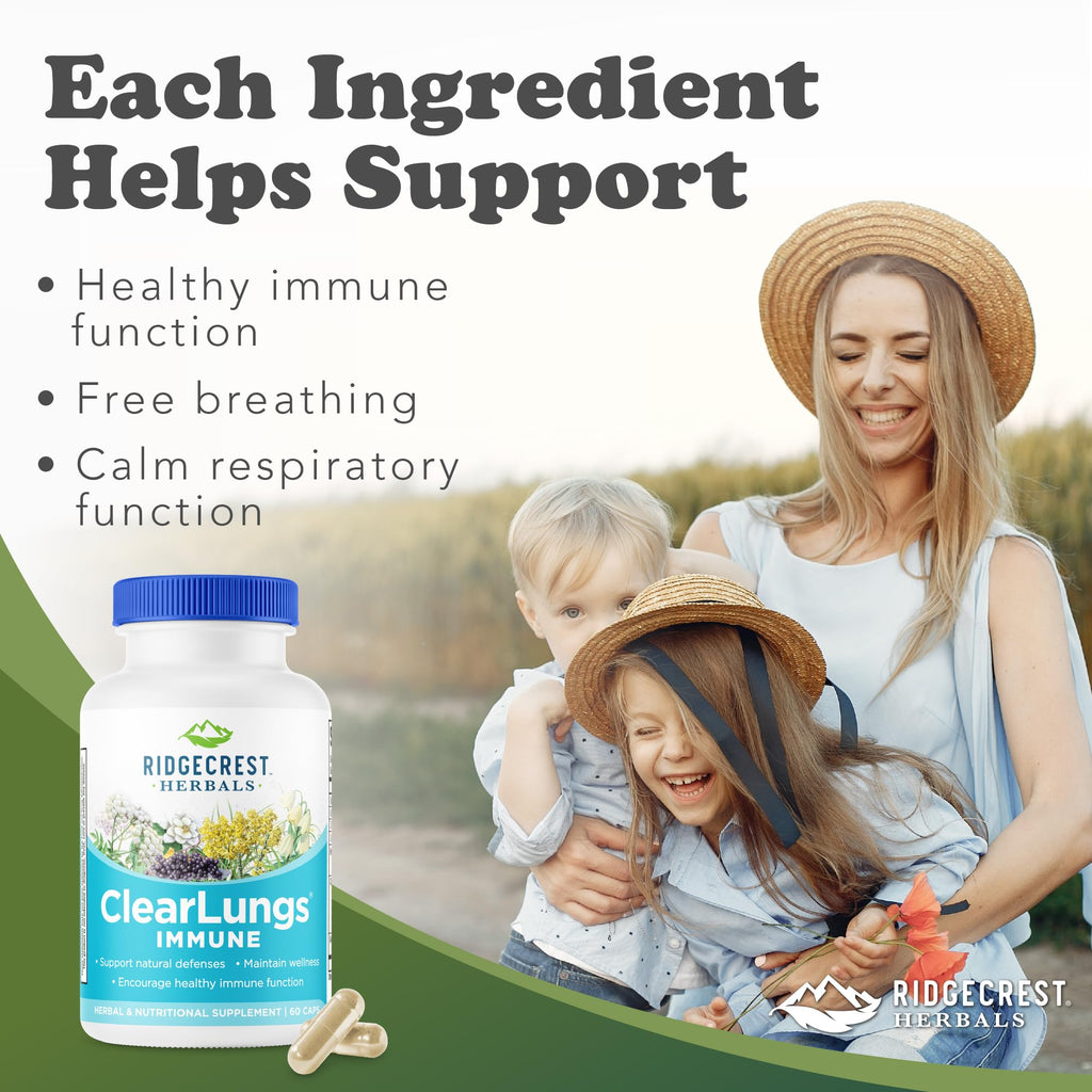 RidgeCrest Herbals ClearLungs Immune, Lung Support Supplement with Elderberry, Zinc, Vitamin C, Vitamin A, Olive Leaf, Mullein, Lung Wellness Formula for Respiratory Health (60 Vegan Caps, 30 Serv) - TrustMedUSA
