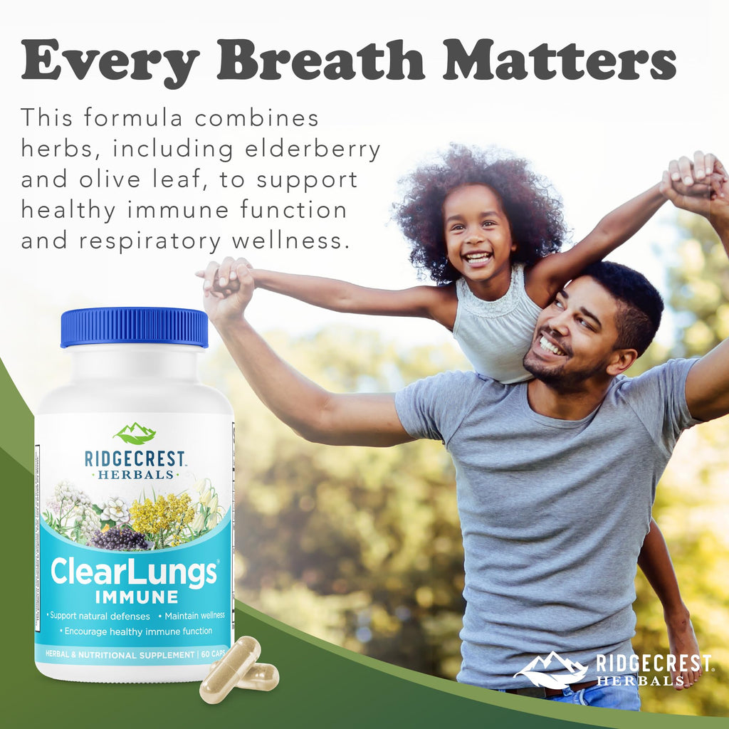 RidgeCrest Herbals ClearLungs Immune, Lung Support Supplement with Elderberry, Zinc, Vitamin C, Vitamin A, Olive Leaf, Mullein, Lung Wellness Formula for Respiratory Health (60 Vegan Caps, 30 Serv) - TrustMedUSA