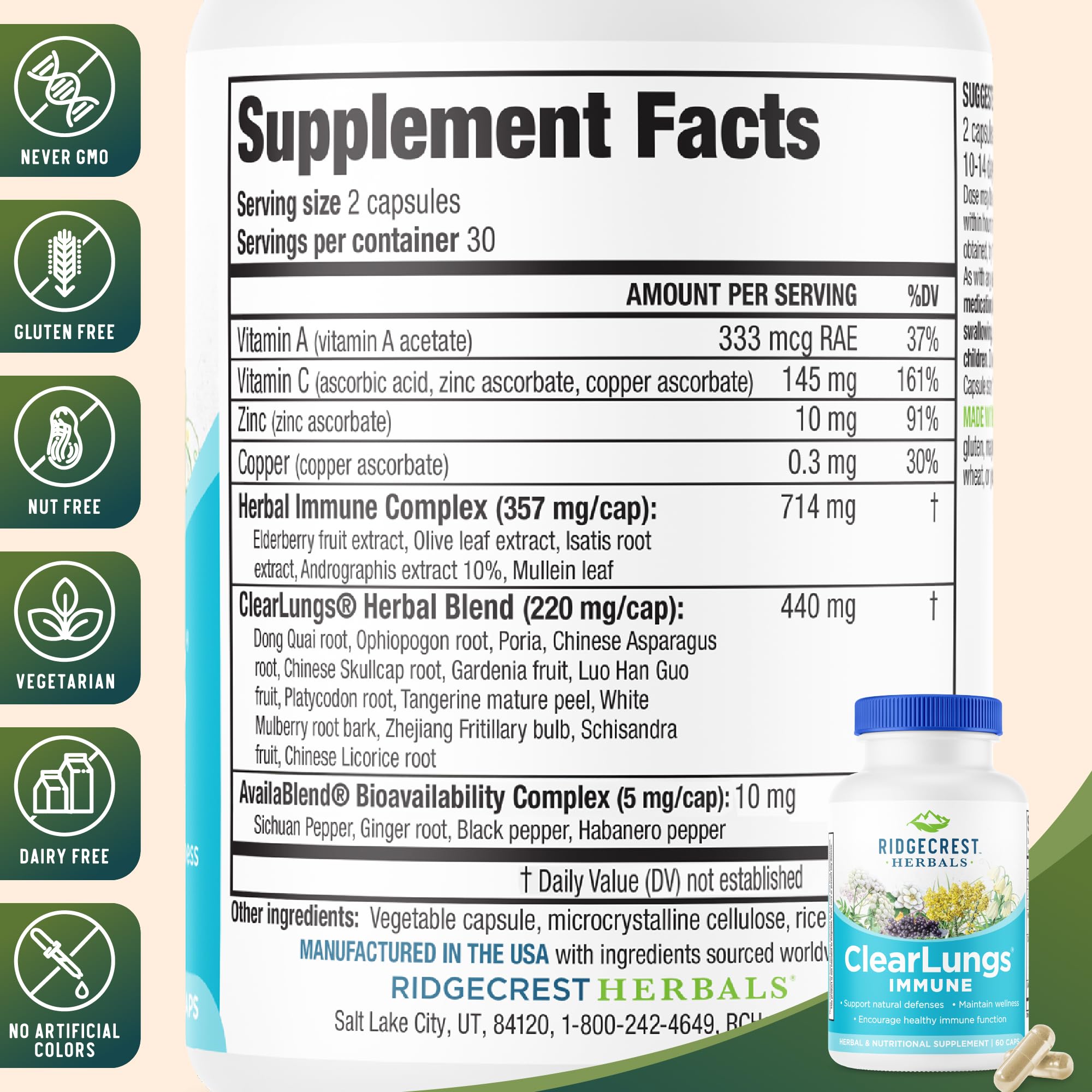 RidgeCrest Herbals ClearLungs Immune, Lung Support Supplement with Elderberry, Zinc, Vitamin C, Vitamin A, Olive Leaf, Mullein, Lung Wellness Formula for Respiratory Health (60 Vegan Caps, 30 Serv) - TrustMedUSA