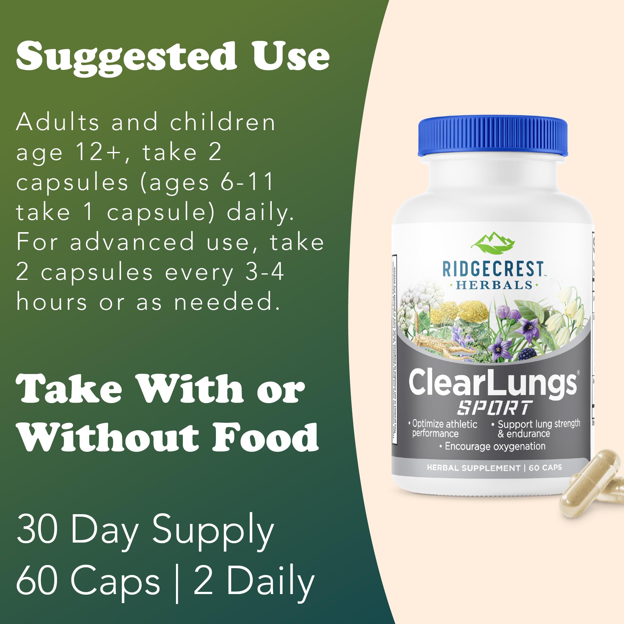 Ridgecrest Herbals ClearLungs Sport, Oxygen Intake and Lung Support Formula with Cordyceps, Rhodiola, Eleuthero (60 Vegan Caps, 30 Serv) - TrustMedUSA