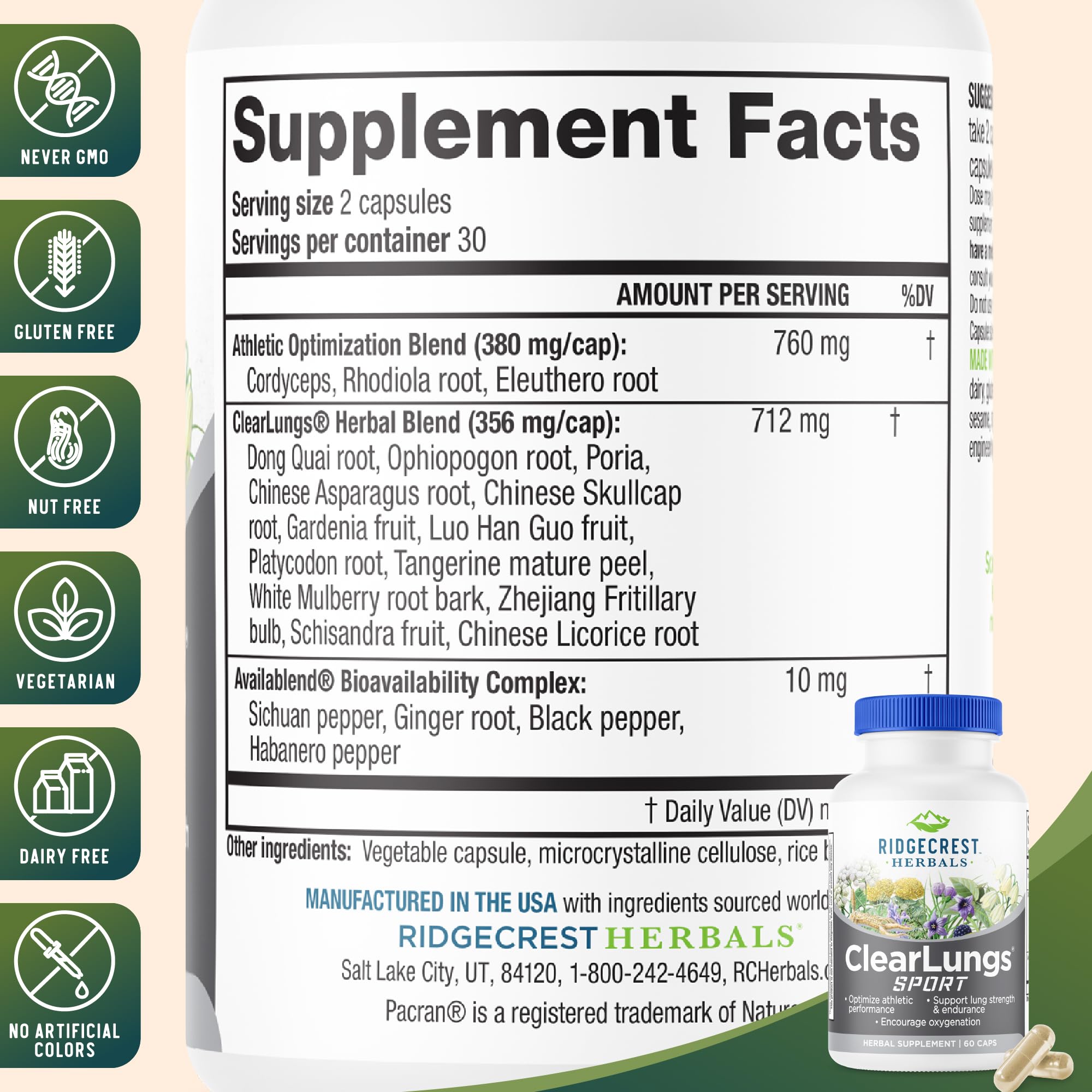 Ridgecrest Herbals ClearLungs Sport, Oxygen Intake and Lung Support Formula with Cordyceps, Rhodiola, Eleuthero (60 Vegan Caps, 30 Serv) - TrustMedUSA