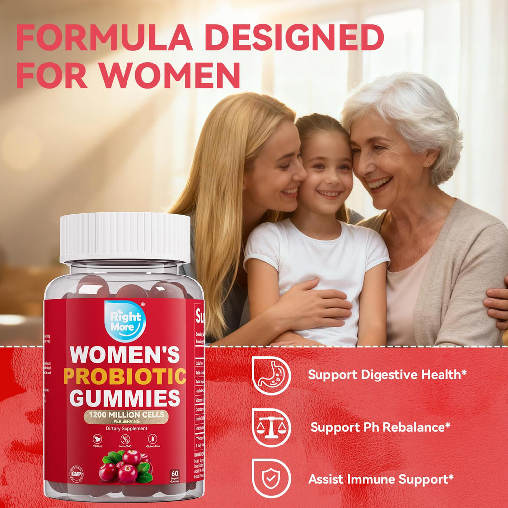 Right More Probiotic for Women Gummies,Feminine Balance Gummies, -1200 Billion Compound, Digestive & Immune Support, Supports Vaginal Health Prebiotics, Natural Cranberry Flavor, Vegan, 60 Gummies - Maple Wellness Supplements