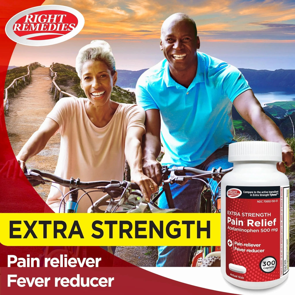RIGHT REMEDIES Extra Strength Pain Relief, Acetaminophen 500 mg Caplets, Pain Reliever & Fever Reducer, Value Pack (300 Count), Compare to the Active Ingredient in Extra Strength Tylenol® - TrustMedUSA