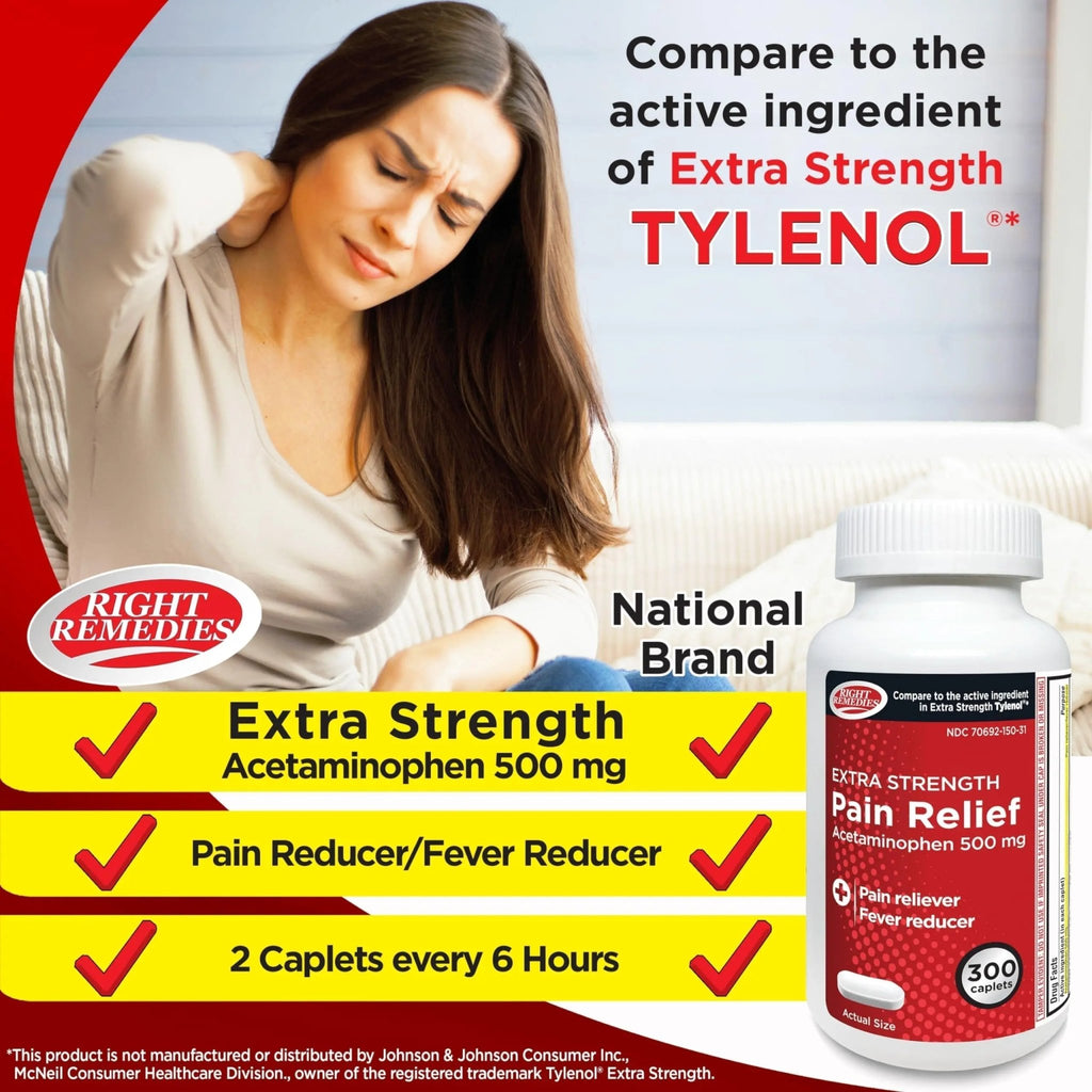 RIGHT REMEDIES Extra Strength Pain Relief, Acetaminophen 500 mg Caplets, Pain Reliever & Fever Reducer, Value Pack (300 Count), Compare to the Active Ingredient in Extra Strength Tylenol® - TrustMedUSA