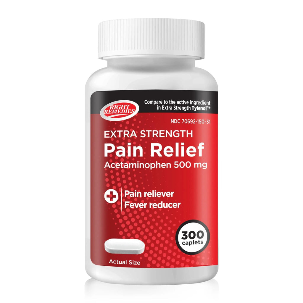 RIGHT REMEDIES Extra Strength Pain Relief, Acetaminophen 500 mg Caplets, Pain Reliever & Fever Reducer, Value Pack (300 Count), Compare to the Active Ingredient in Extra Strength Tylenol® - TrustMedUSA