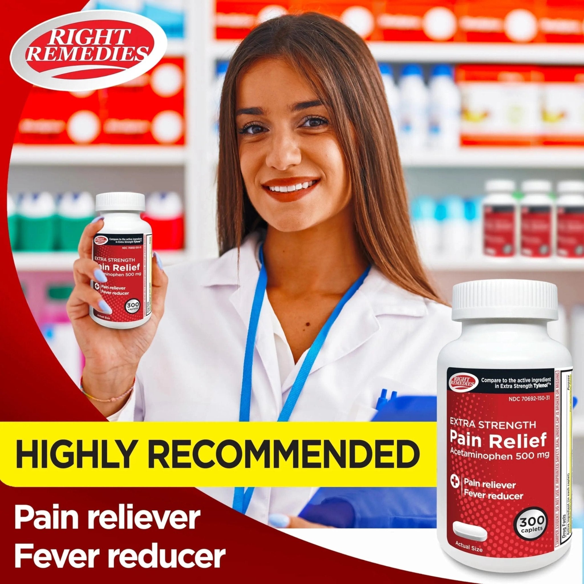 RIGHT REMEDIES Extra Strength Pain Relief, Acetaminophen 500 mg Caplets, Pain Reliever & Fever Reducer, Value Pack (300 Count), Compare to the Active Ingredient in Extra Strength Tylenol® - TrustMedUSA