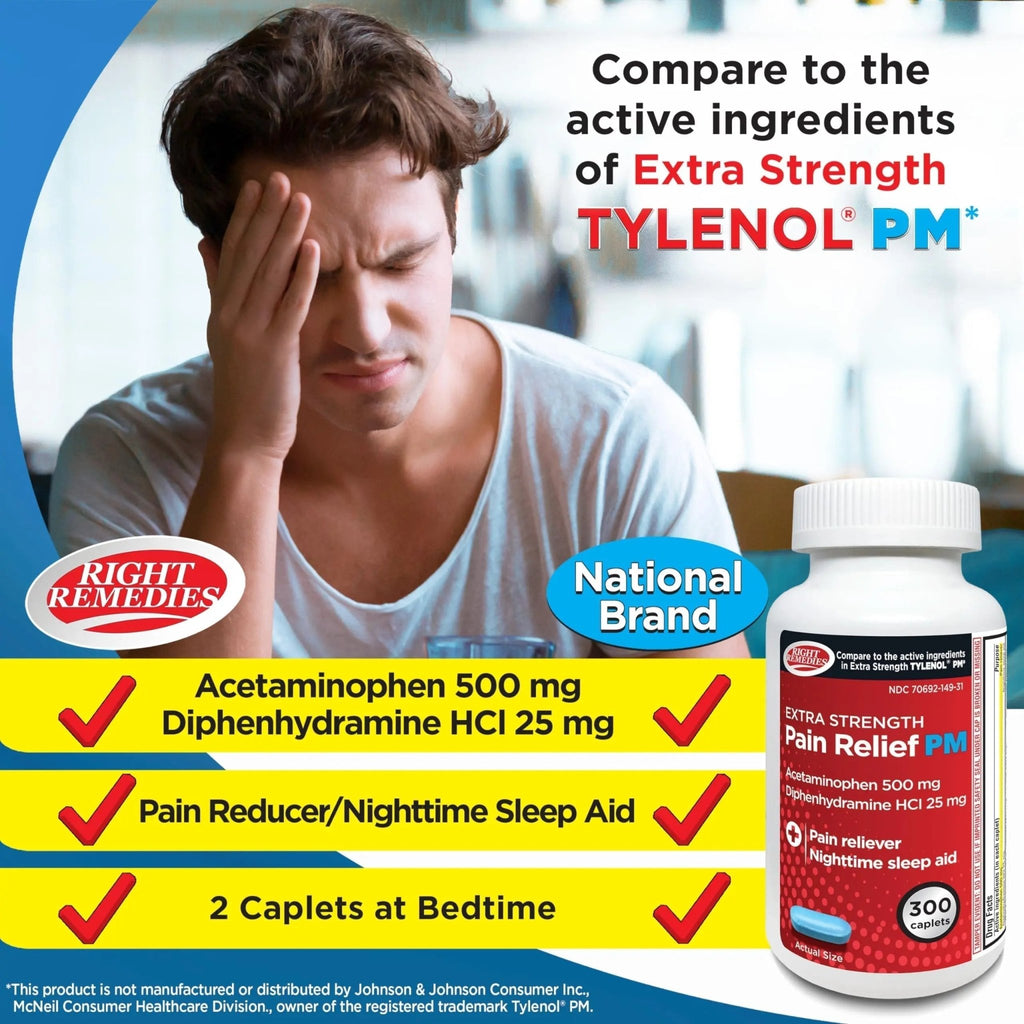 Right Remedies Extra Strength Pain Relief PM & Nighttime Sleep Aid Caplets,(300 count), Acetaminophen 500 mg & Diphenhydramine HCl 25 mg, Non-Habit Forming, Compare to Active ingredients of Tylenol PM - TrustMedUSA