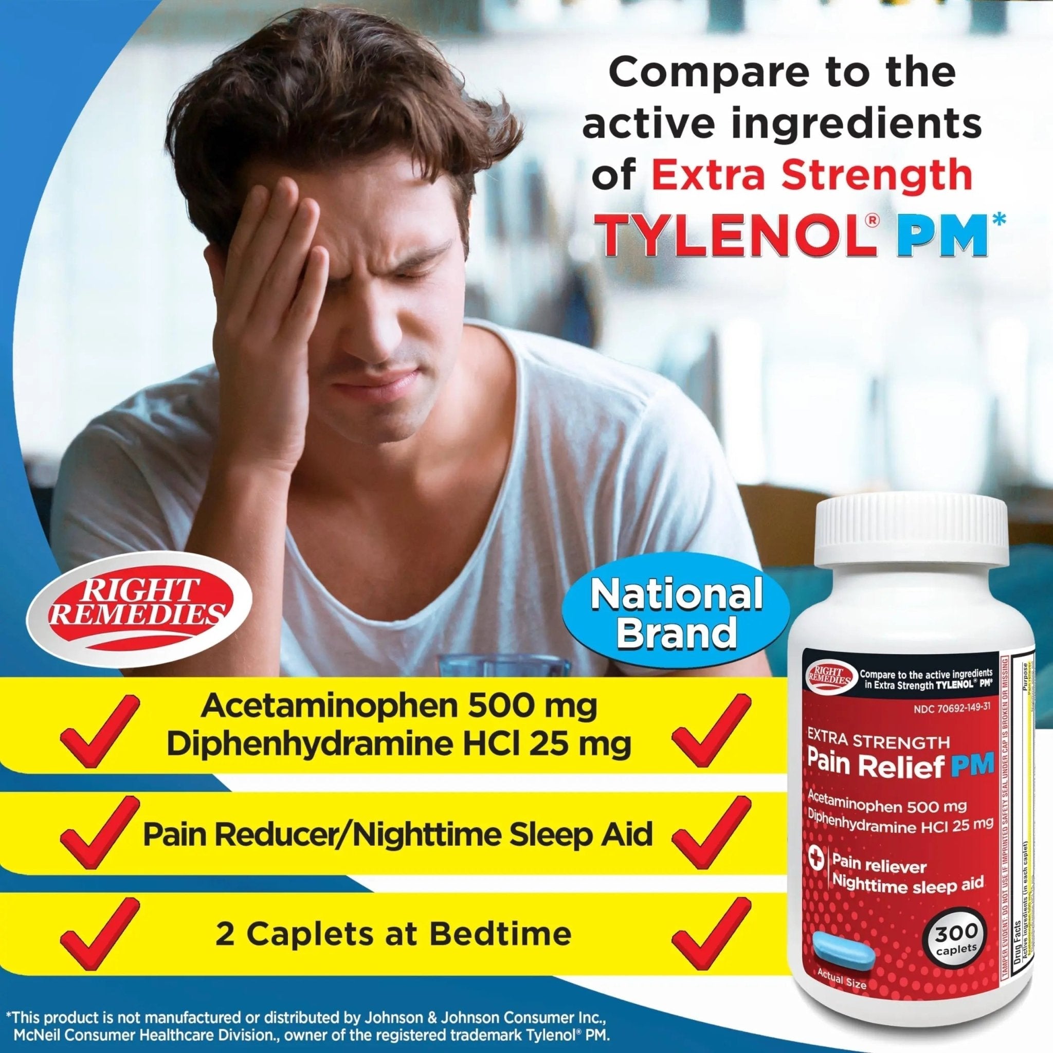 Right Remedies Extra Strength Pain Relief PM & Nighttime Sleep Aid Caplets,(300 count), Acetaminophen 500 mg & Diphenhydramine HCl 25 mg, Non-Habit Forming, Compare to Active ingredients of Tylenol PM - TrustMedUSA