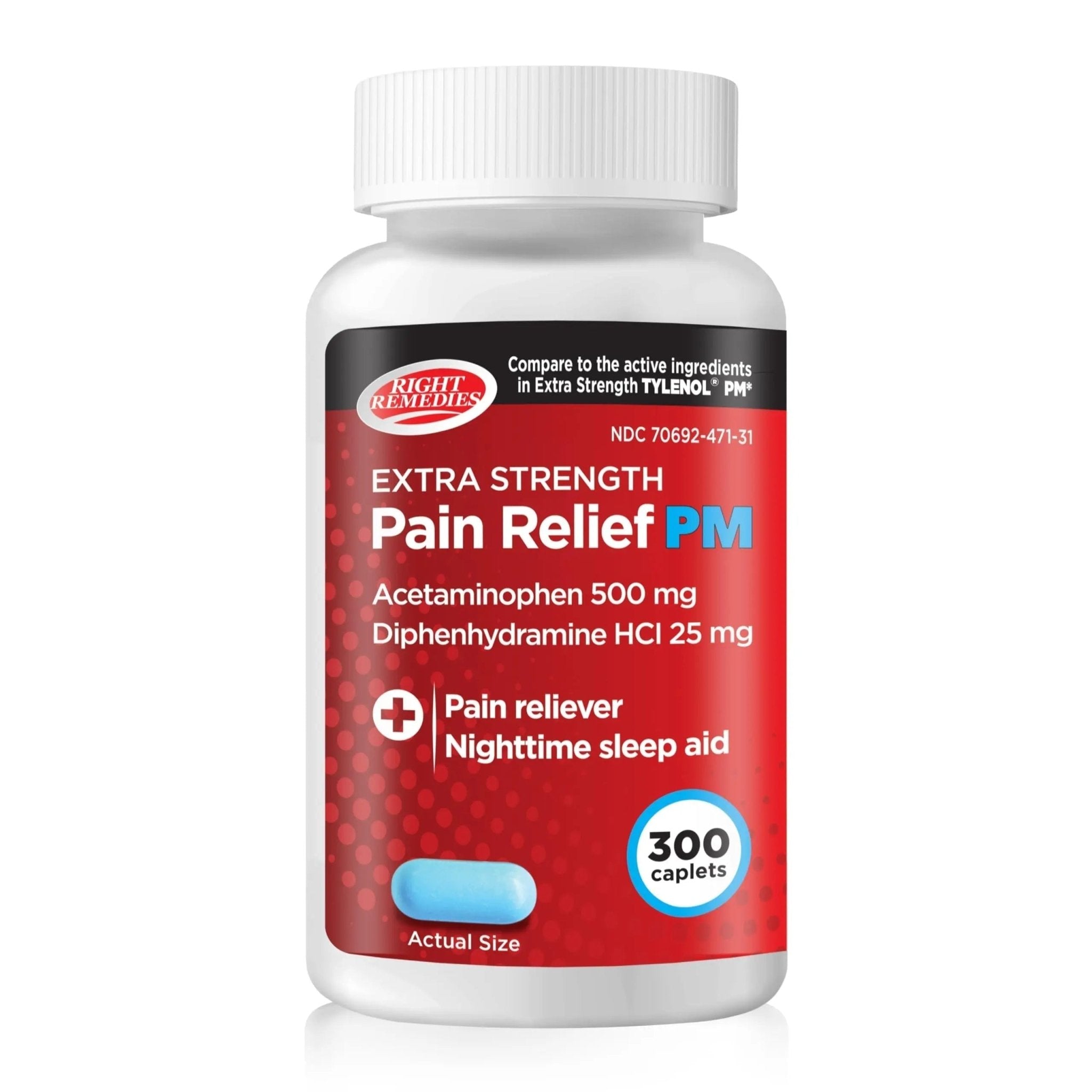 Right Remedies Extra Strength Pain Relief PM & Nighttime Sleep Aid Caplets,(300 count), Acetaminophen 500 mg & Diphenhydramine HCl 25 mg, Non-Habit Forming, Compare to Active ingredients of Tylenol PM - TrustMedUSA