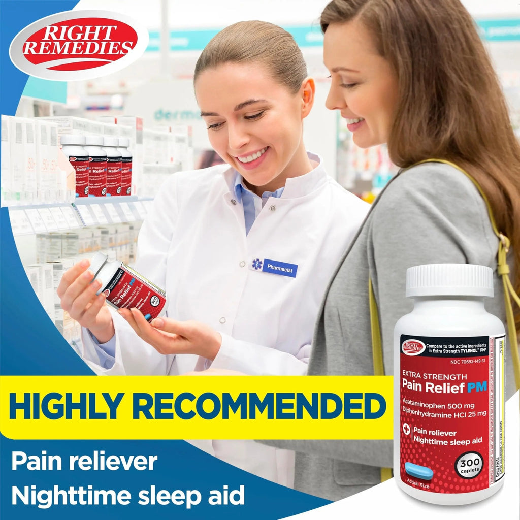 Right Remedies Extra Strength Pain Relief PM & Nighttime Sleep Aid Caplets,(300 count), Acetaminophen 500 mg & Diphenhydramine HCl 25 mg, Non-Habit Forming, Compare to Active ingredients of Tylenol PM - TrustMedUSA