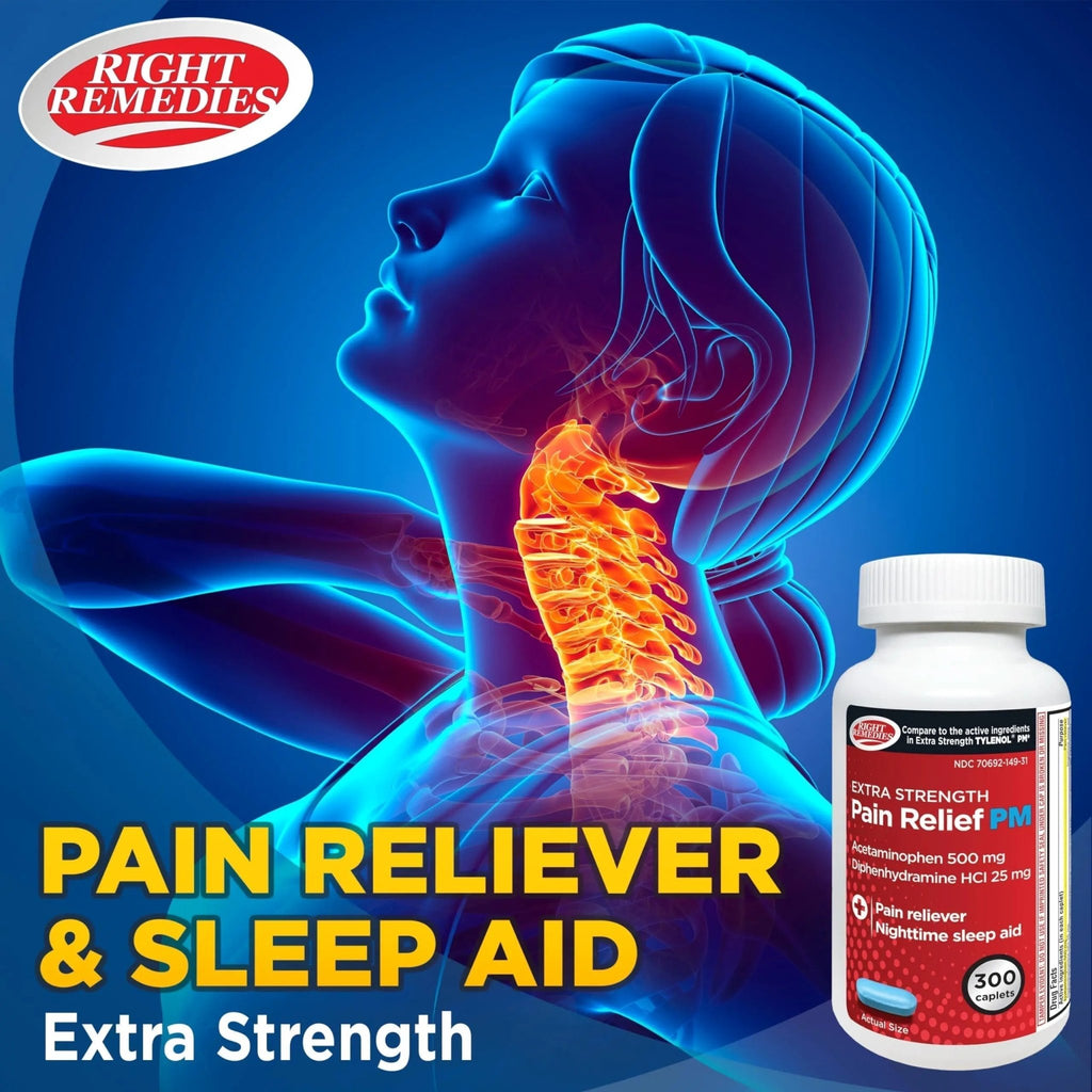 Right Remedies Extra Strength Pain Relief PM & Nighttime Sleep Aid Caplets,(300 count), Acetaminophen 500 mg & Diphenhydramine HCl 25 mg, Non-Habit Forming, Compare to Active ingredients of Tylenol PM - TrustMedUSA