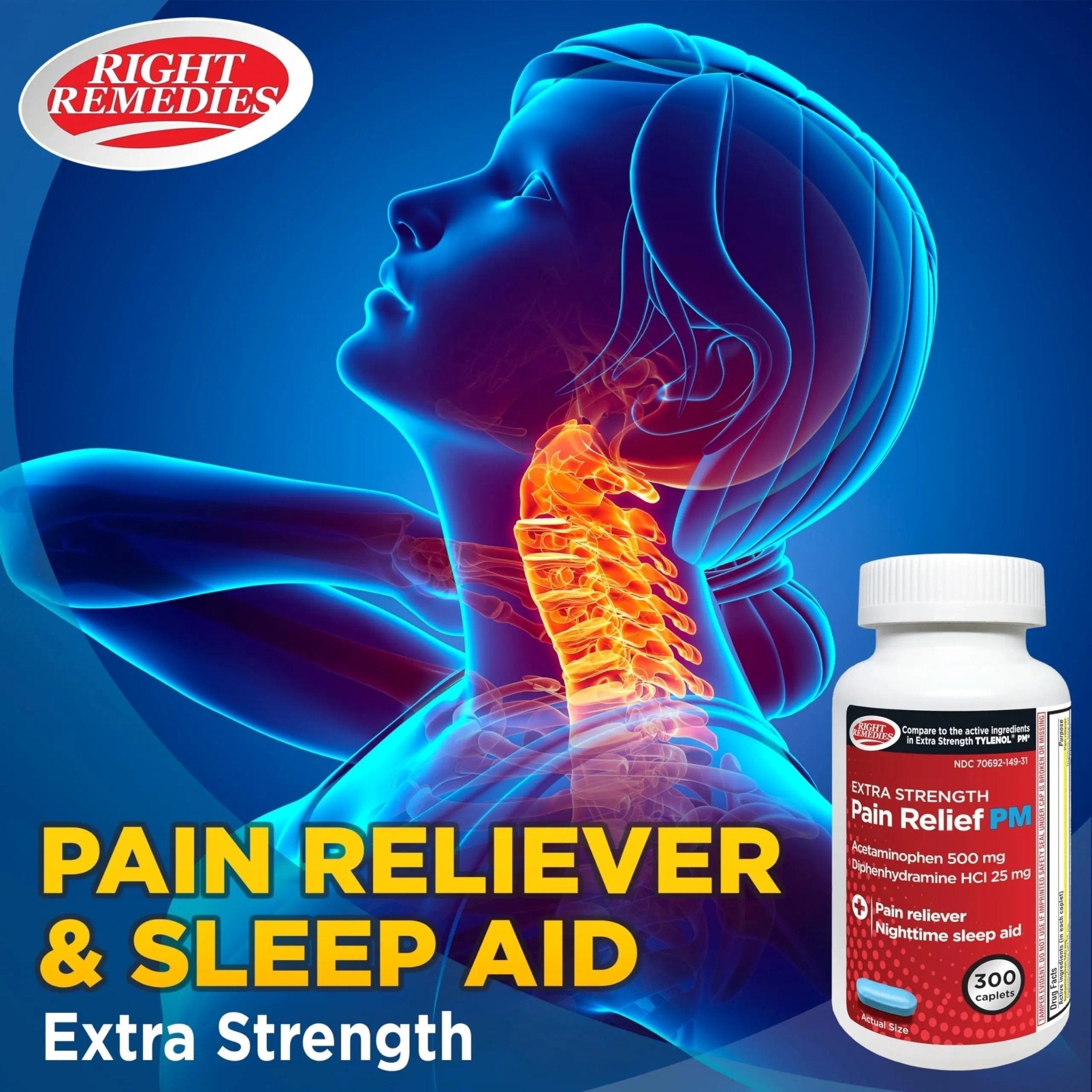 Right Remedies Extra Strength Pain Relief PM & Nighttime Sleep Aid Caplets,(300 count), Acetaminophen 500 mg & Diphenhydramine HCl 25 mg, Non-Habit Forming, Compare to Active ingredients of Tylenol PM - TrustMedUSA