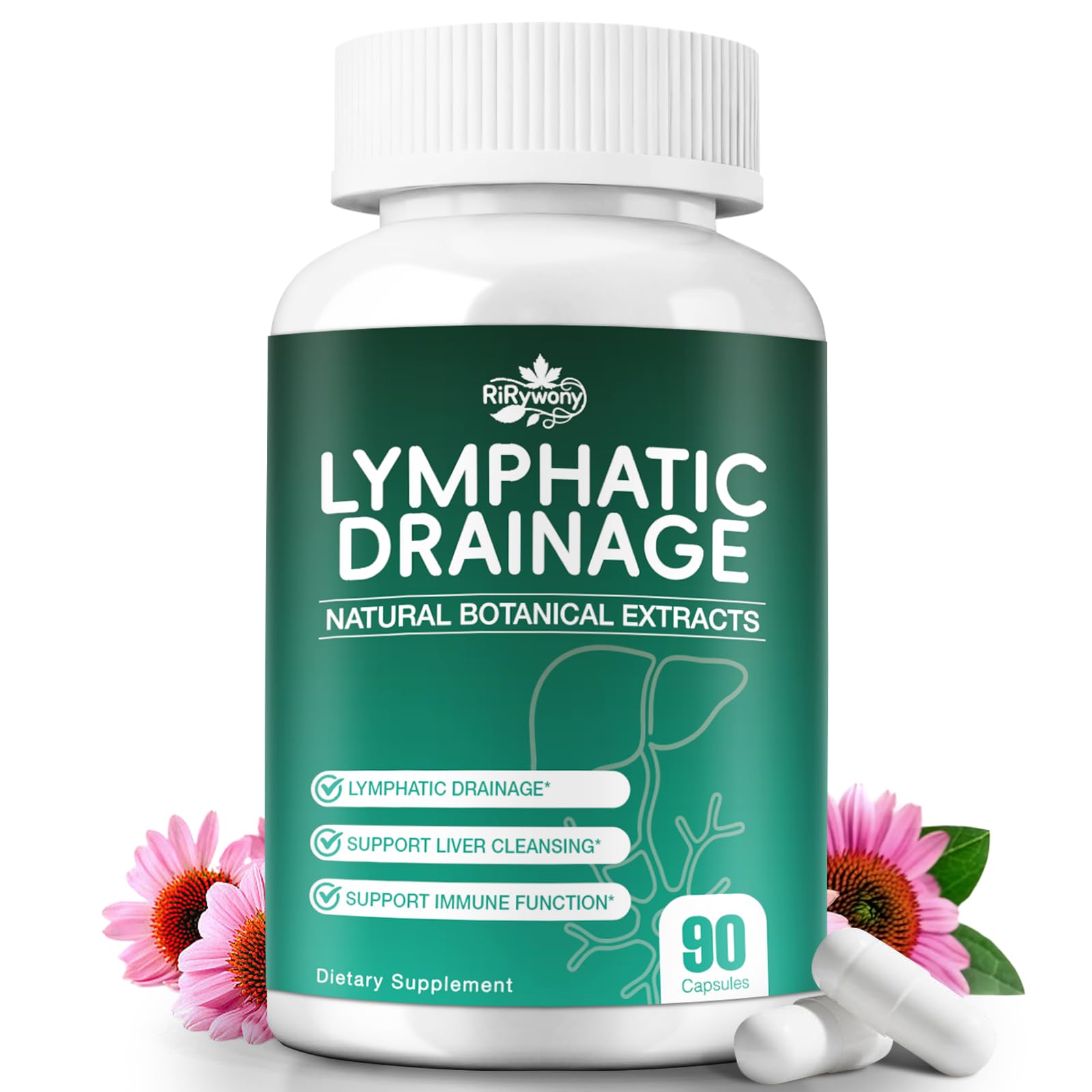 RiRywony Lymphatic Drainage Supplements & Liver Cleanse Detox Repair Capsules – Natural Herbal Supplement with Echinacea, Supports Lymphatic System, Fluid Balance & Immune Health, 90 Capsules - Maple Wellness Supplements