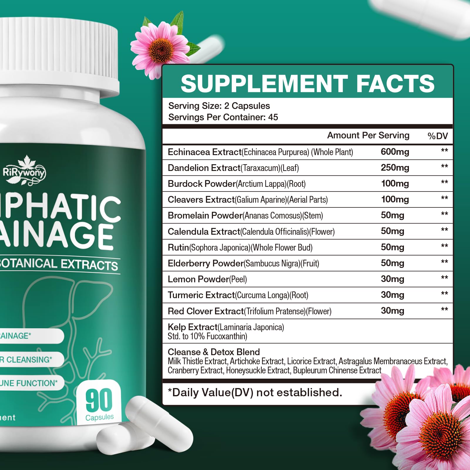 RiRywony Lymphatic Drainage Supplements & Liver Cleanse Detox Repair Capsules – Natural Herbal Supplement with Echinacea, Supports Lymphatic System, Fluid Balance & Immune Health, 90 Capsules - Maple Wellness Supplements