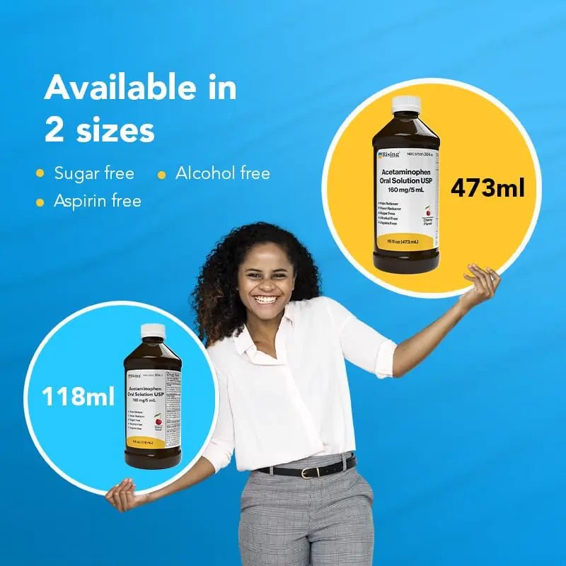 Rising Health Acetaminophen Oral Solution USP, 160 mg/5 mL | Pain & Fever Reliever | Cherry Flavor | Available in 118 mL & 473 mL (118ml - 4oz) - TrustMedUSA