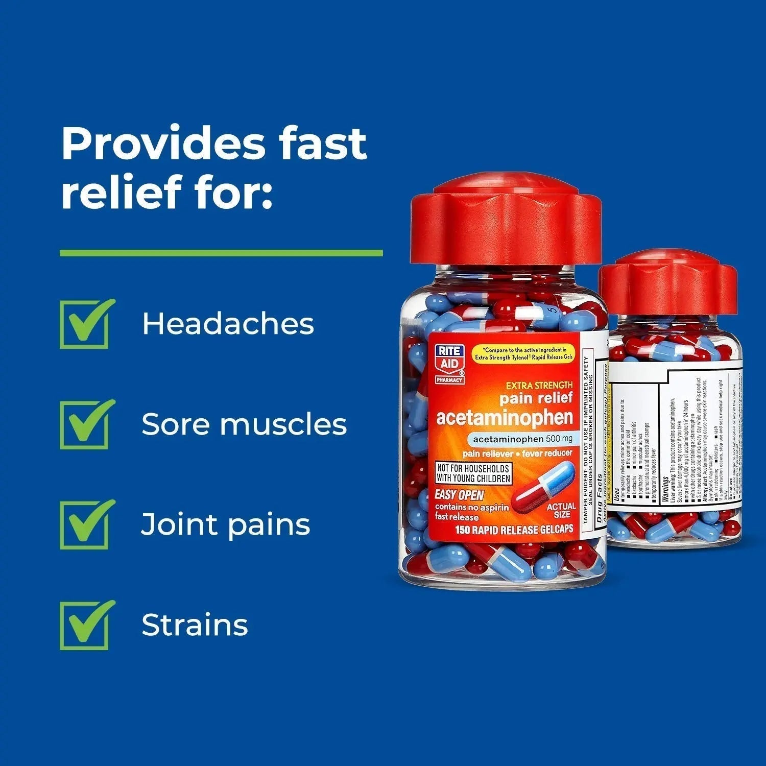 Rite Aid Extra Strength 500mg Acetaminophen Rapid Release Gelcaps - 150 Count | Joint, Muscle, Arthritis, Back Pain Relief - TrustMedUSA