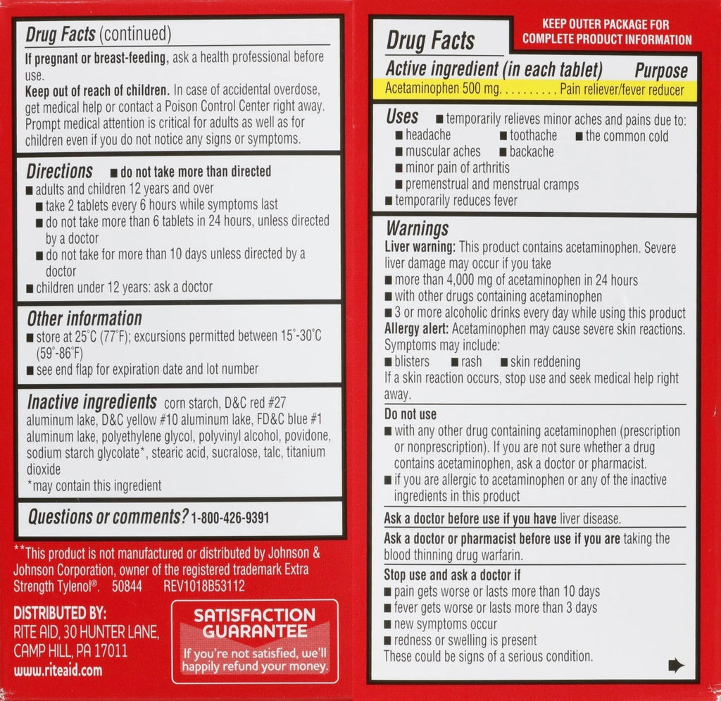 Rite Aid Extra Strength Acetaminophen Easy Tabs Tablets, 500 mg - 100 Count | Pain Reliever & Fever Reducer | Migraine Relief Products | Joint Pain Relief | Muscle Pain Relief | Menstrual Pain Relief - TrustMedUSA