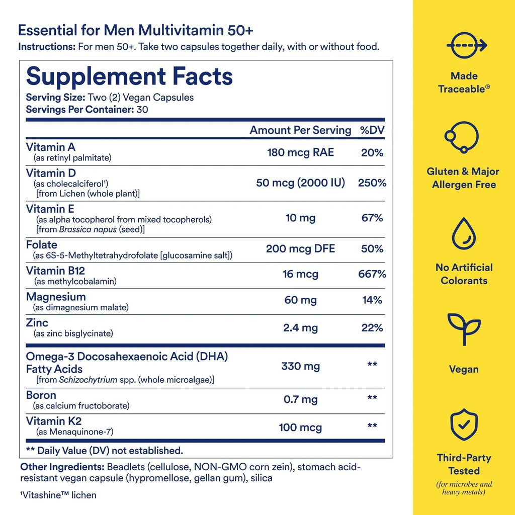 Ritual Multivitamin for Men 50+, Vegan, with Zinc, Vitamin A and D3 for Immune Function Support*, Omega-3 DHA, B12, K2, Gluten Free, Non-GMO, Mint Essenced, 30 Day Supply - TrustMedUSA