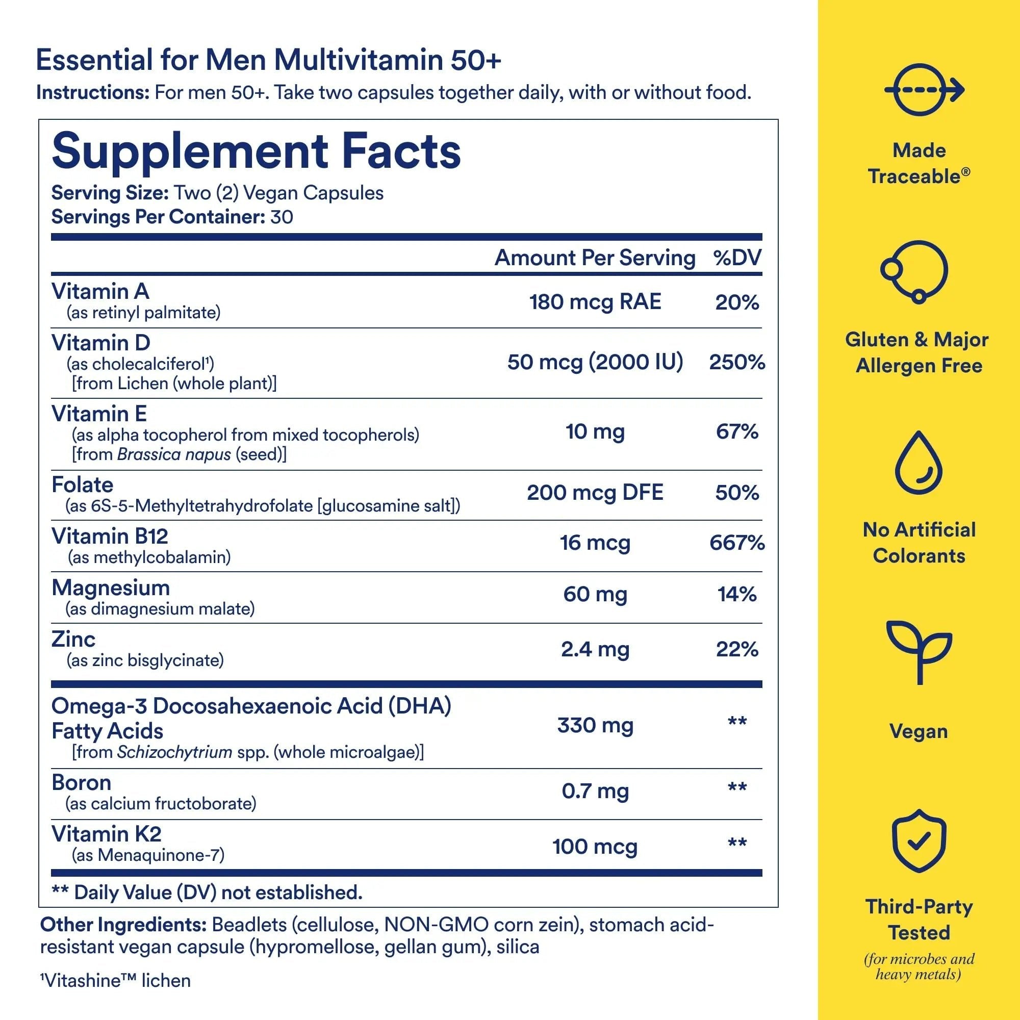 Ritual Multivitamin for Men 50+, Vegan, with Zinc, Vitamin A and D3 for Immune Function Support*, Omega-3 DHA, B12, K2, Gluten Free, Non-GMO, Mint Essenced, 30 Day Supply - TrustMedUSA