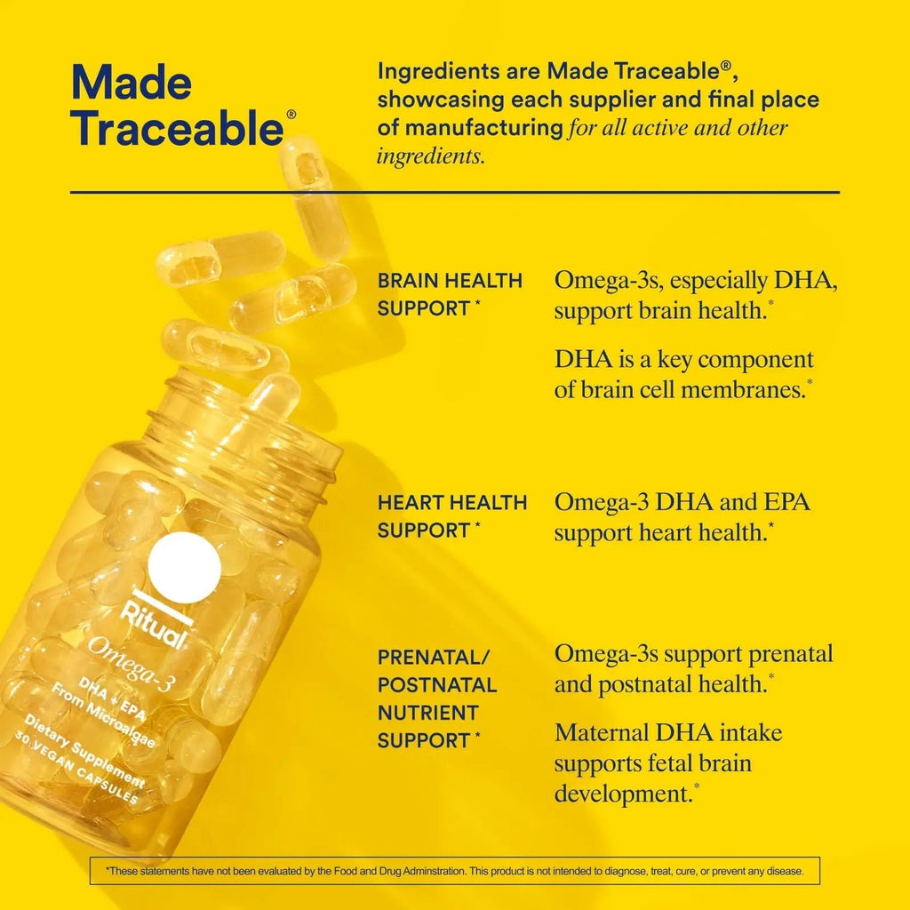 Ritual Omega 3 - Vegan - Science-Backed Dose of DHA & EPA Fatty Acids in 2:1 Ratio, Bioavailable, Brain and Heart Health Support, Minimal Burp-Back, Sustainably Sourced Microalgae, 30 Day Supply - TrustMedUSA