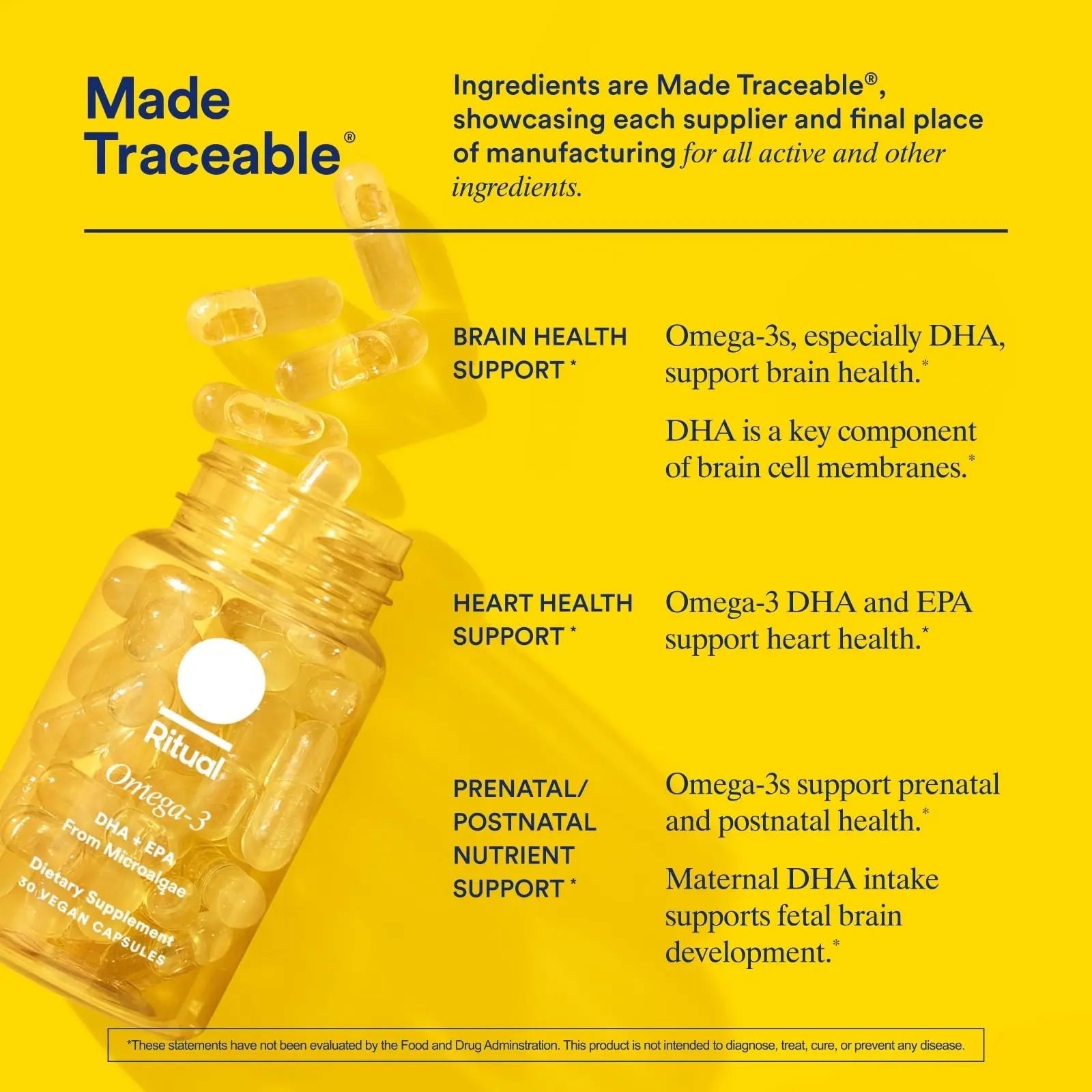 Ritual Omega 3 - Vegan - Science-Backed Dose of DHA & EPA Fatty Acids in 2:1 Ratio, Bioavailable, Brain and Heart Health Support, Minimal Burp-Back, Sustainably Sourced Microalgae, 30 Day Supply - TrustMedUSA