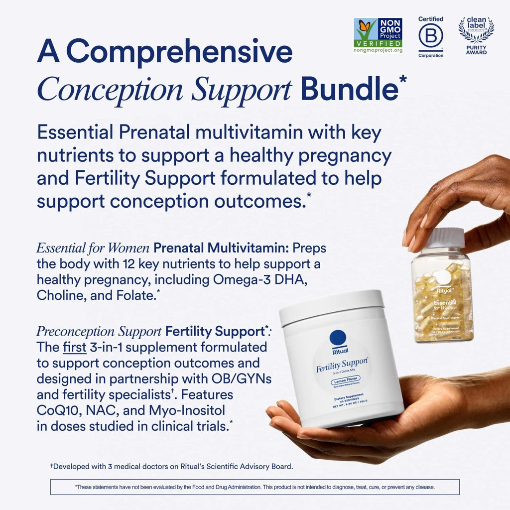Ritual Preconception Bundle: Essential for Women Prenatal Multivitamin and Lemony Fertility Support Drink Mix Supplement with NAC, CoQ10, and Myo-Inositol. Vegan and Formulated to Support Her.* - TrustMedUSA