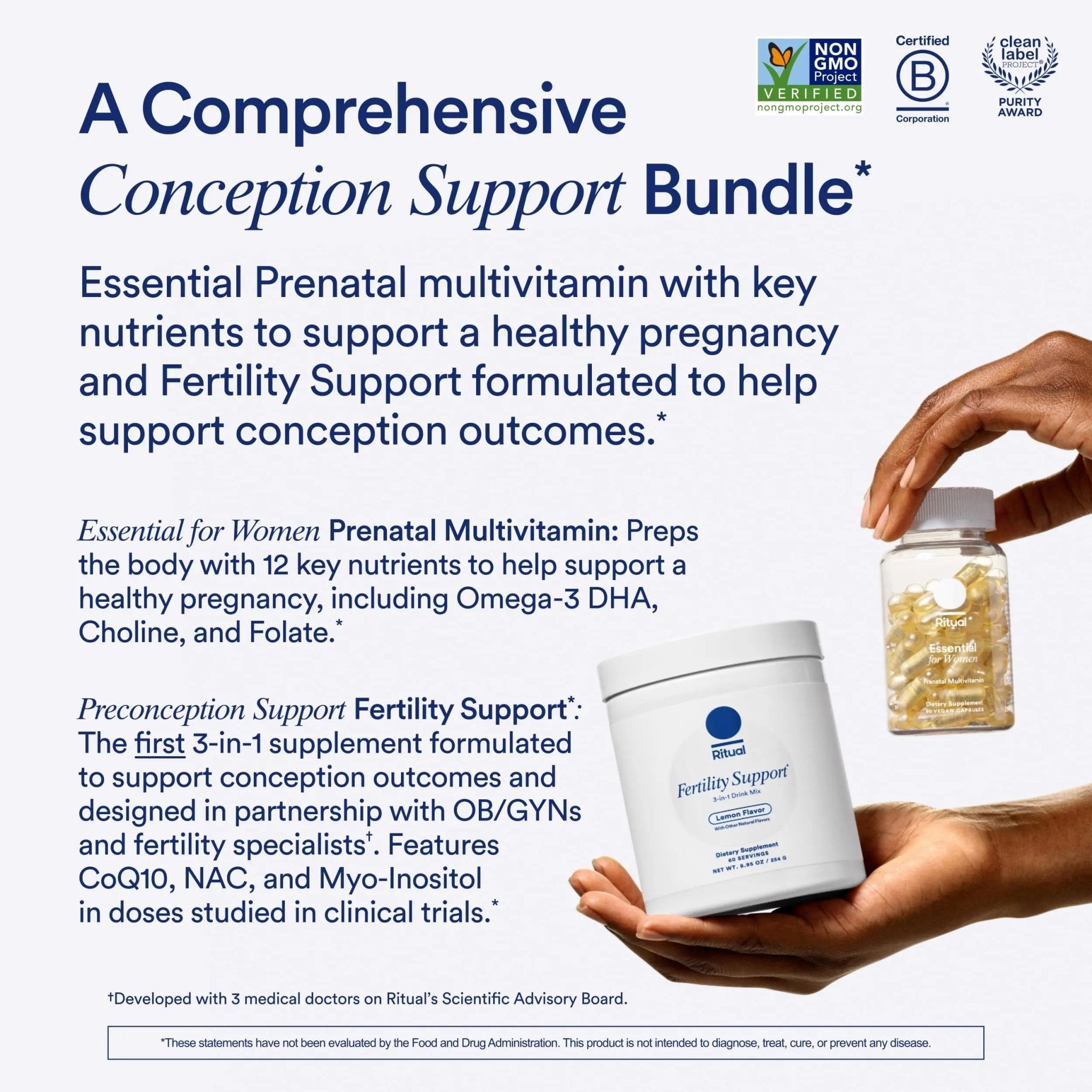 Ritual Preconception Bundle: Essential for Women Prenatal Multivitamin and Lemony Fertility Support Drink Mix Supplement with NAC, CoQ10, and Myo-Inositol. Vegan and Formulated to Support Her.* - TrustMedUSA