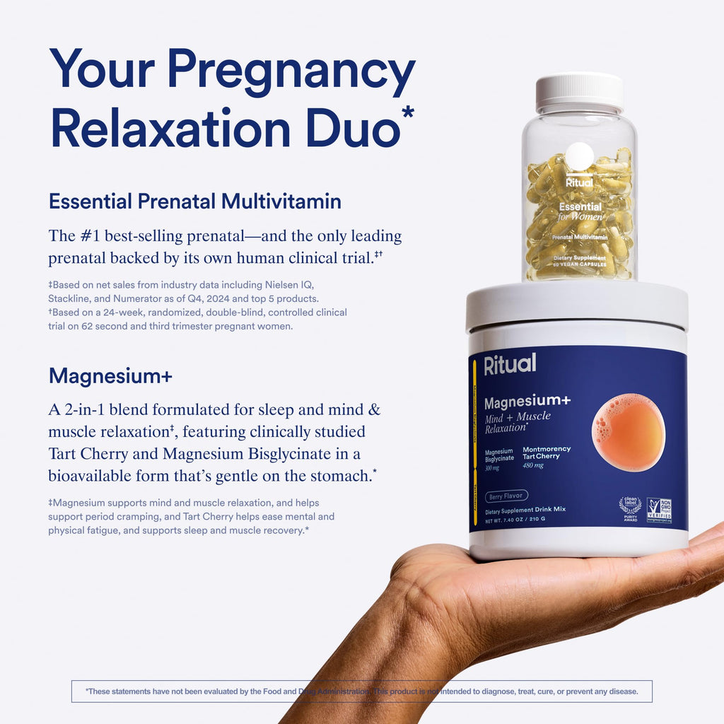 Ritual Pregnancy Relaxation Support Duo with Essential Prenatal Multivitamins to Support Pregnancy Nutrient Demands and Magnesium+ Drink Mix with Magnesium to Help Ease Leg Cramps During Pregnancy - Maple Wellness Supplements