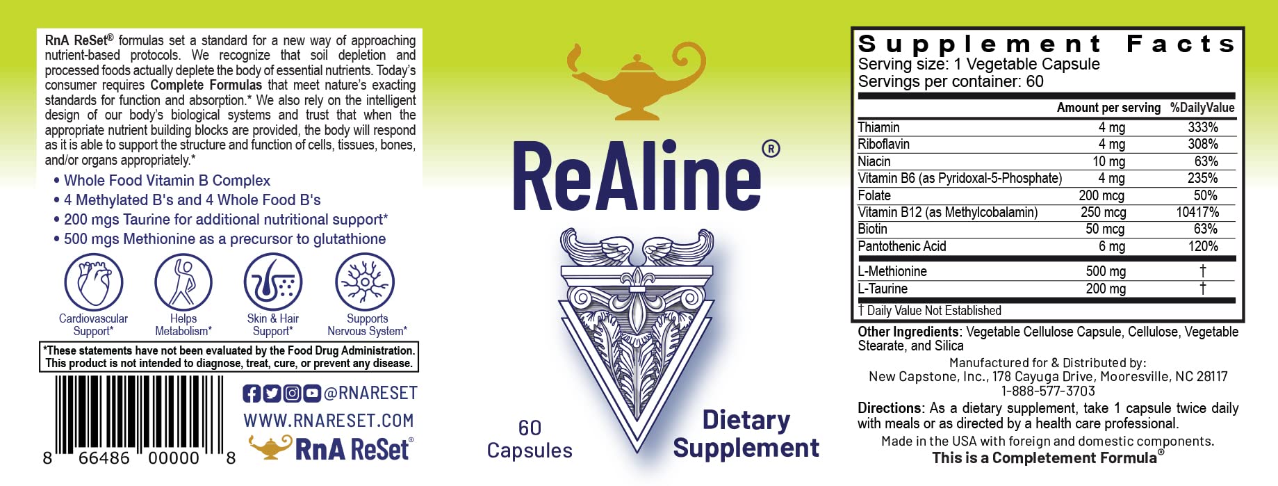 RnA ReSet ReAline – Methylated B Complex with Taurine & Methionine, Active B Vitamins, Detox & Methylation Support (60 Capsules) NSF Certified - Maple Wellness Supplements