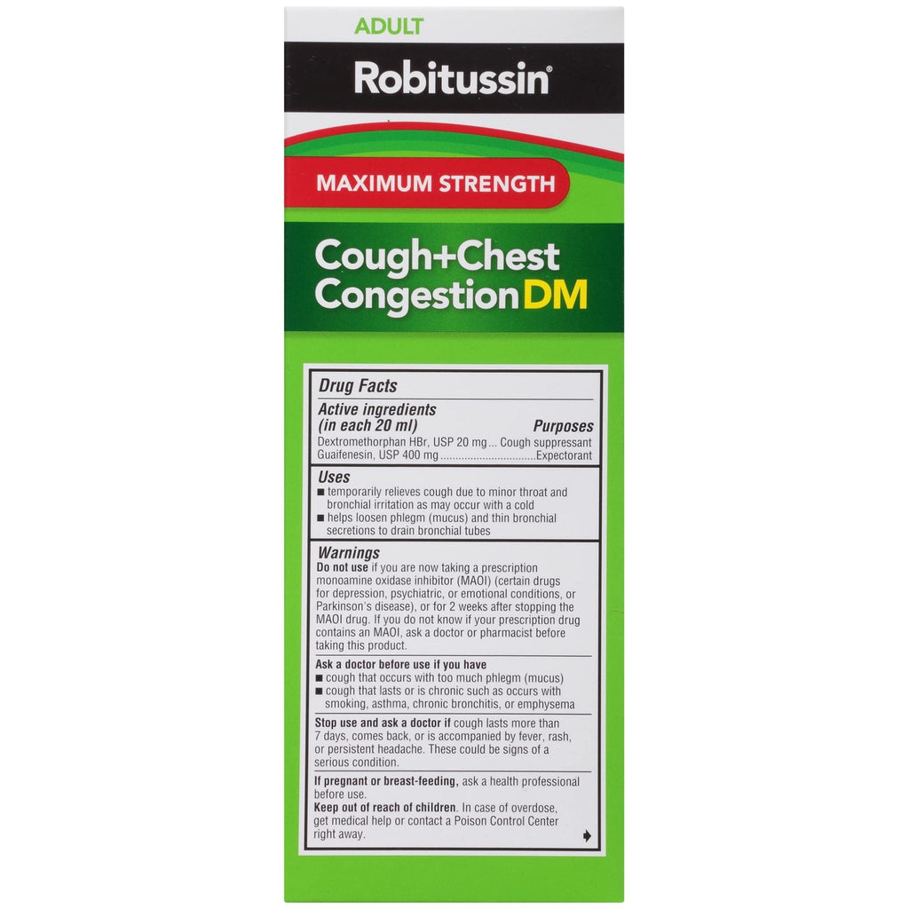 Robitussin Adult Maximum Strength Cough + Chest Congestion DM Max (8 fl. oz. Bottle), Cough Suppressant & Expectorant, Raspberry Flavor - Maple Wellness Supplements